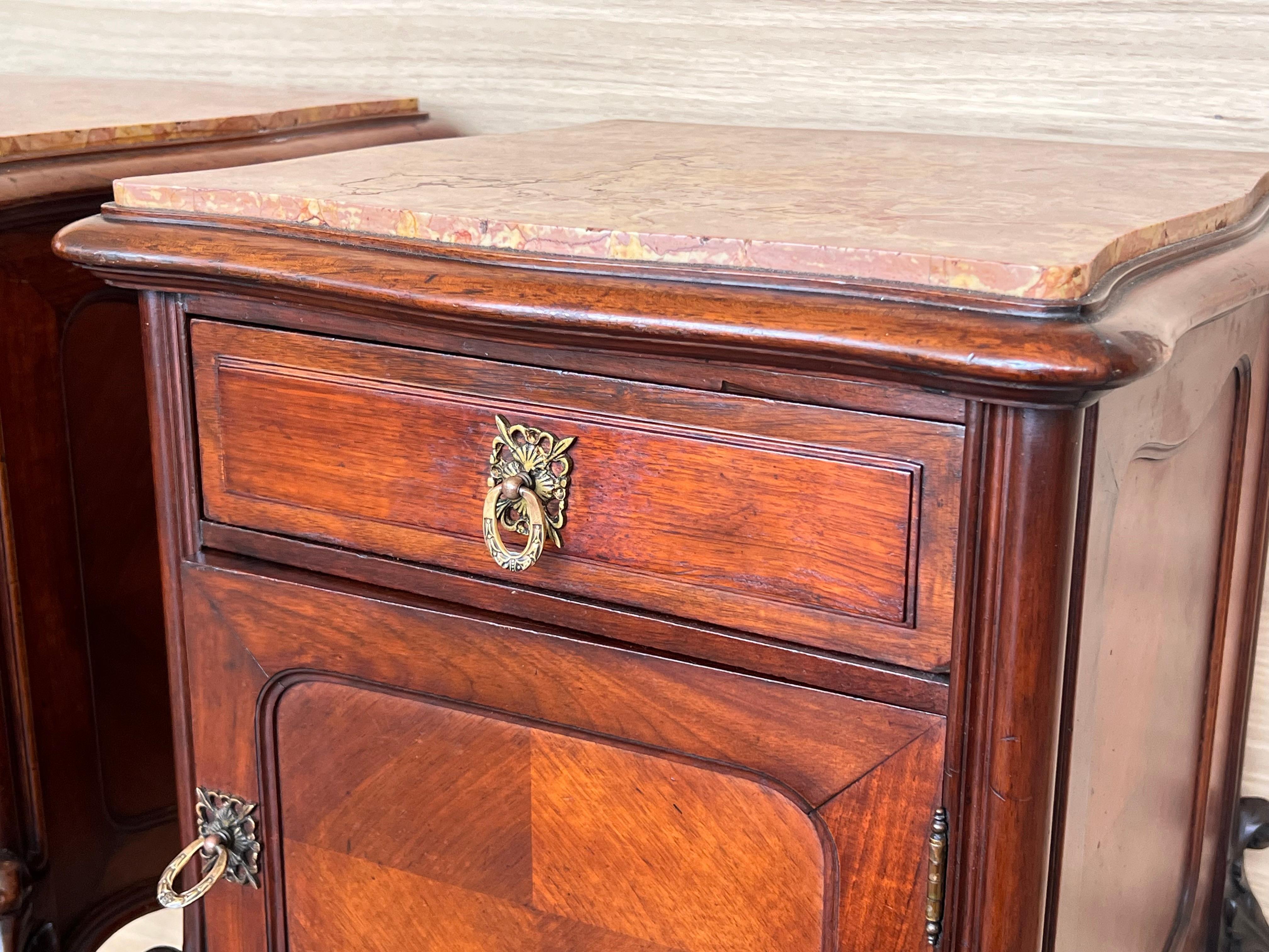 Louis XV Style Walnut Nightstands with Marble Top, 1930s, Set of 2 For Sale 8