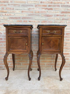 Louis XV Style Walnut Nightstands with Marble Top, 1930s, Set of 2