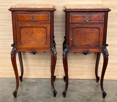 Louis XV Style Walnut Nightstands with Marble Top, 1930s, Set of 2