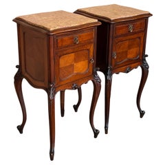 Louis XV Style Walnut Nightstands with Marble Top, 1930s, Set of 2