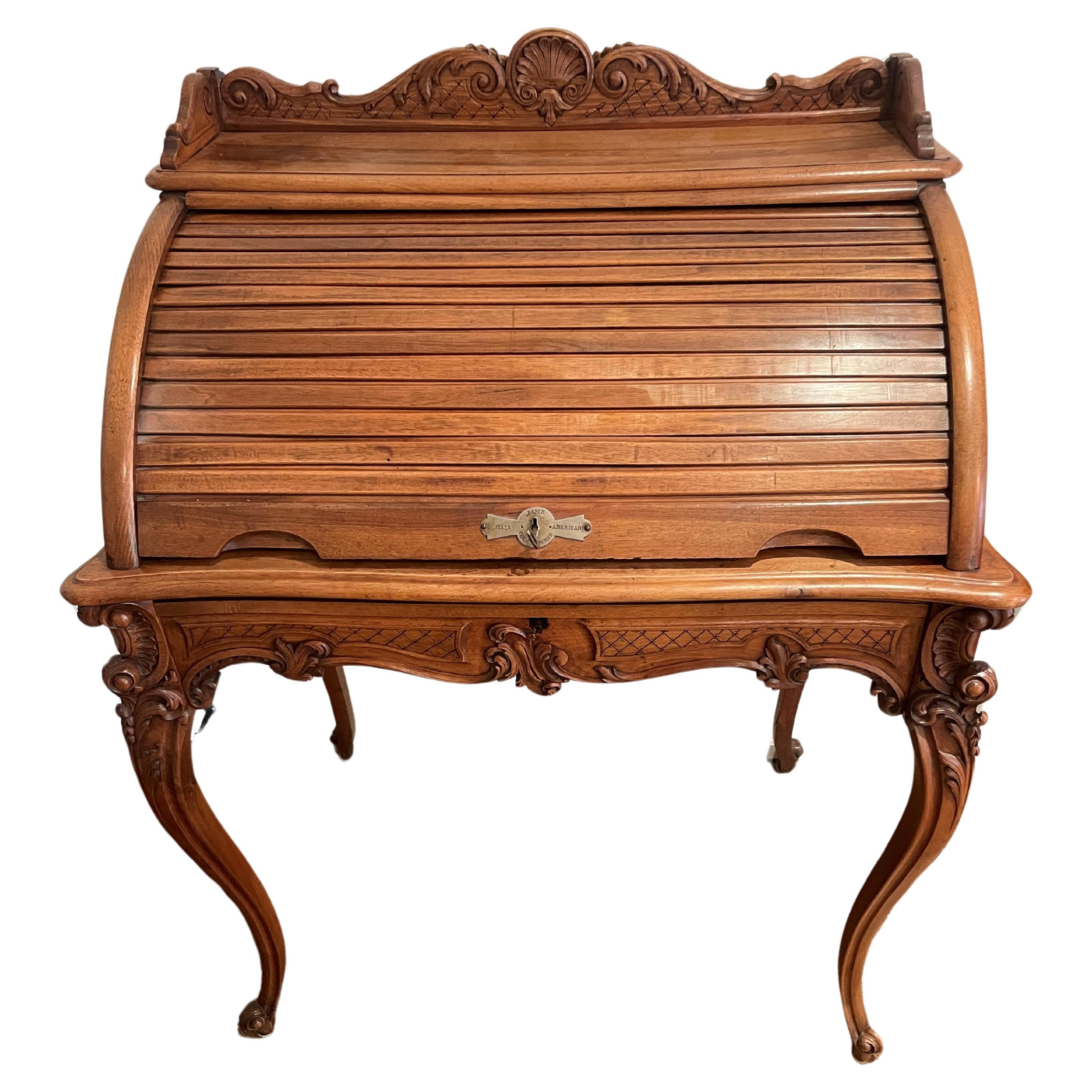 Louis XV style walnut roll top desk with large drawer and upper compartments. For Sale