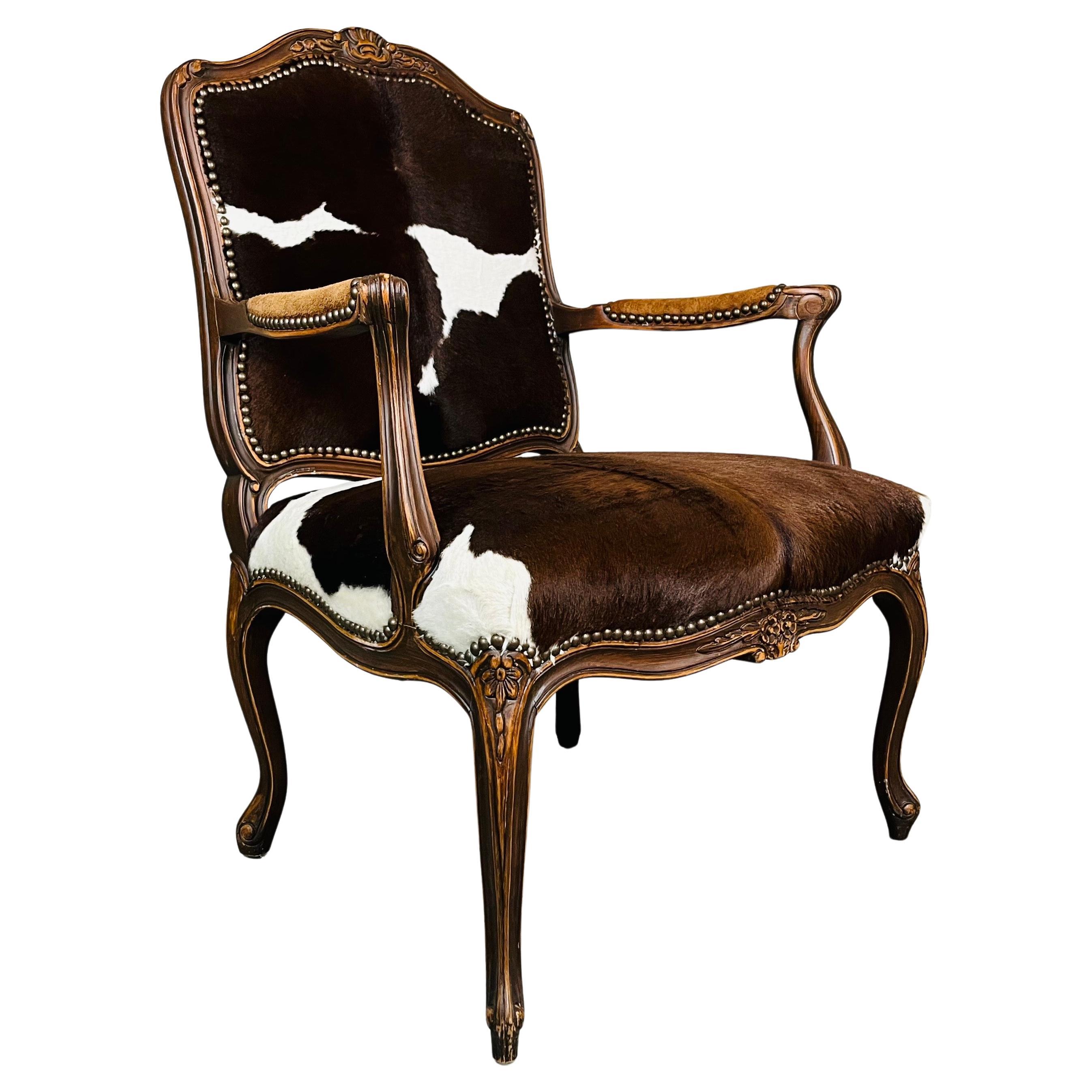 Louis XV Style Western Cowhide Leather Mahogany Armchair By Old Hickory Tannery