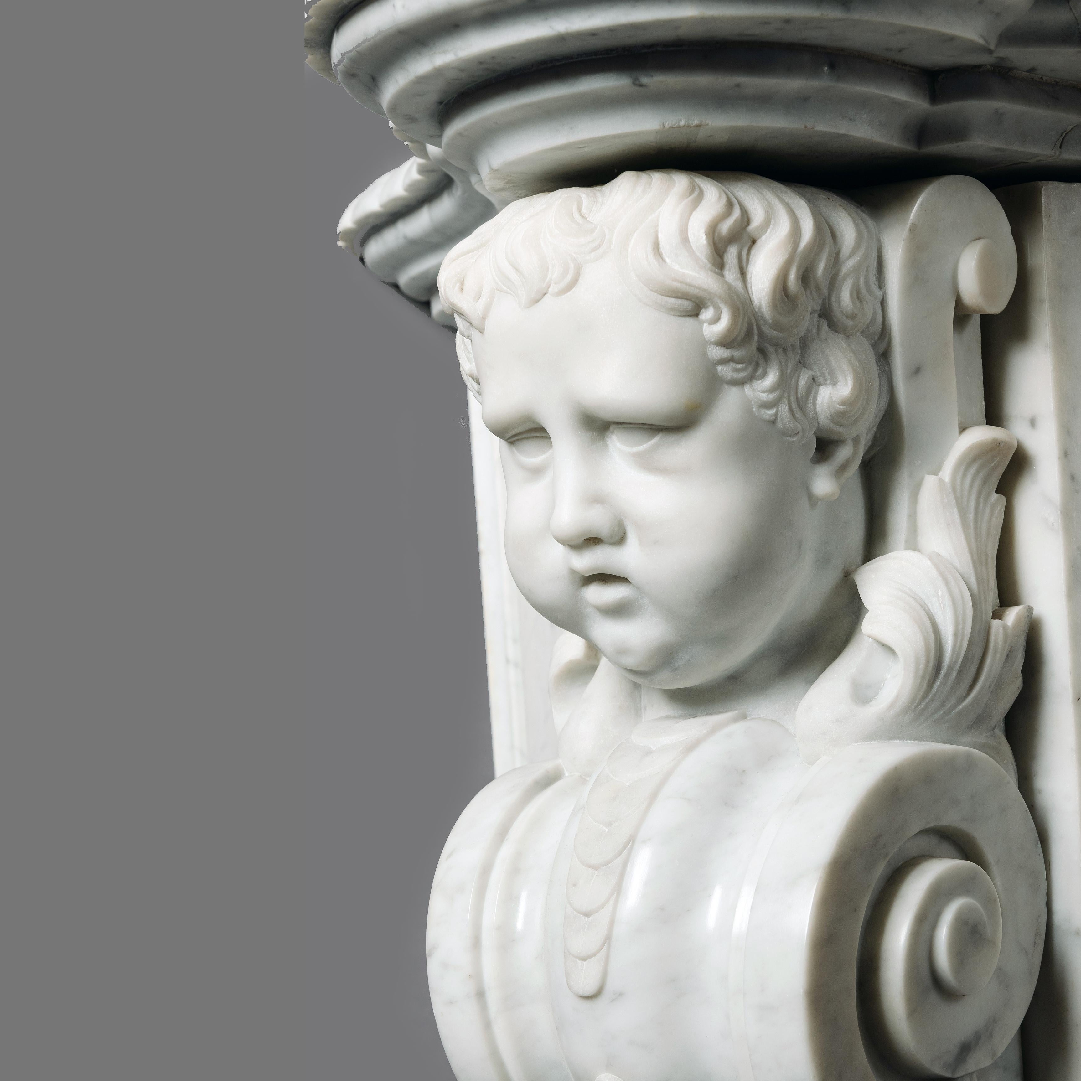 French Louis XV Style White Carrara Marble Figural Fireplace For Sale