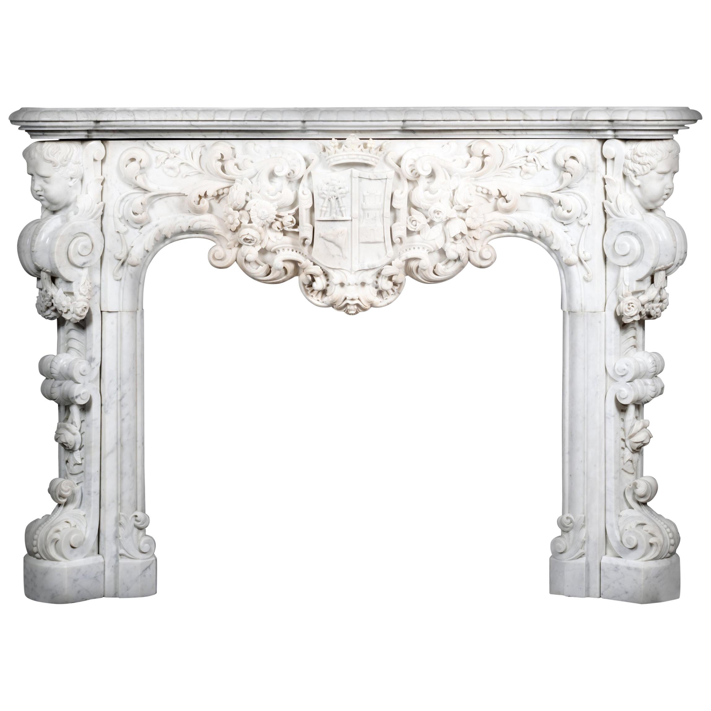 Louis XV Style White Carrara Marble Figural Fireplace