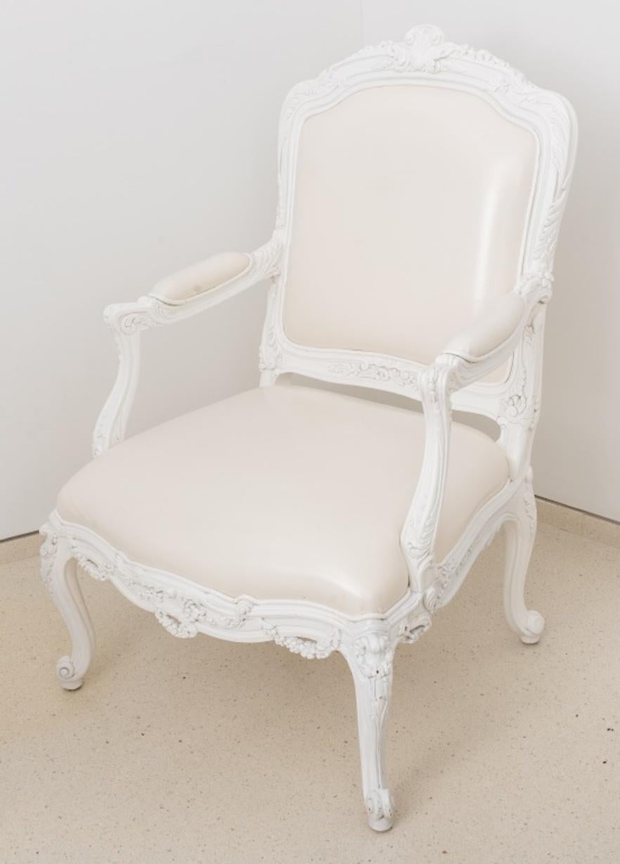 Contemporary Louis XV Style White Lacquered Arm Chairs, Pair For Sale