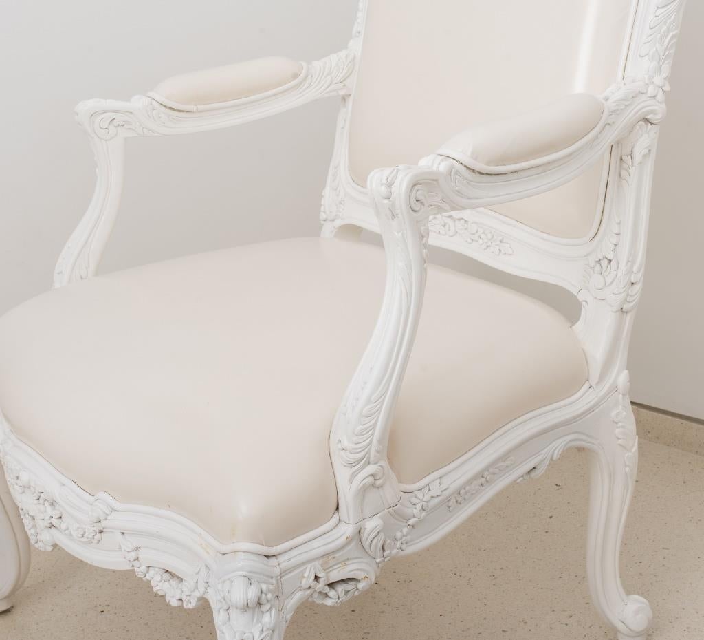 Faux Leather Louis XV Style White Lacquered Arm Chairs, Pair For Sale