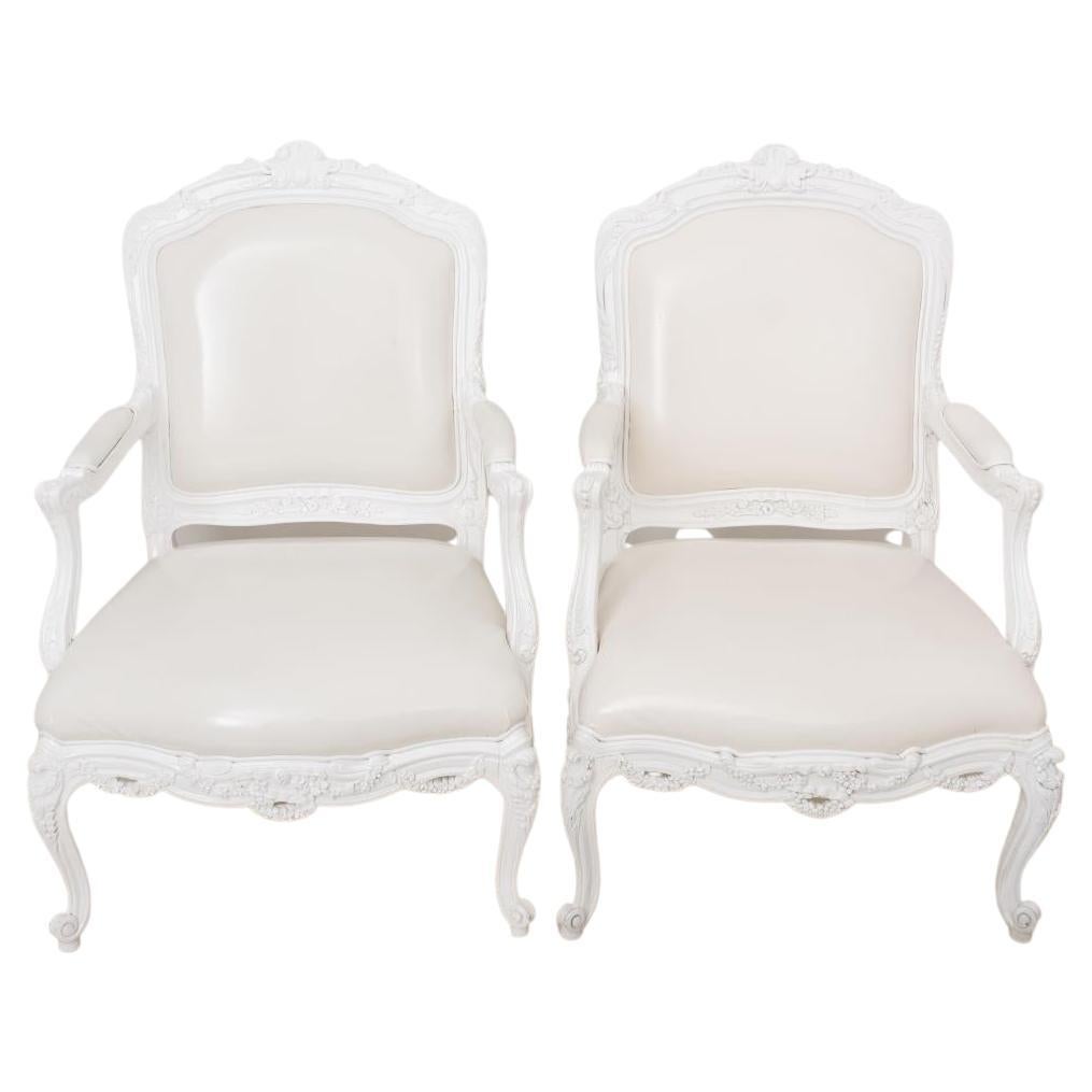 Louis XV Style White Lacquered Arm Chairs, Pair For Sale