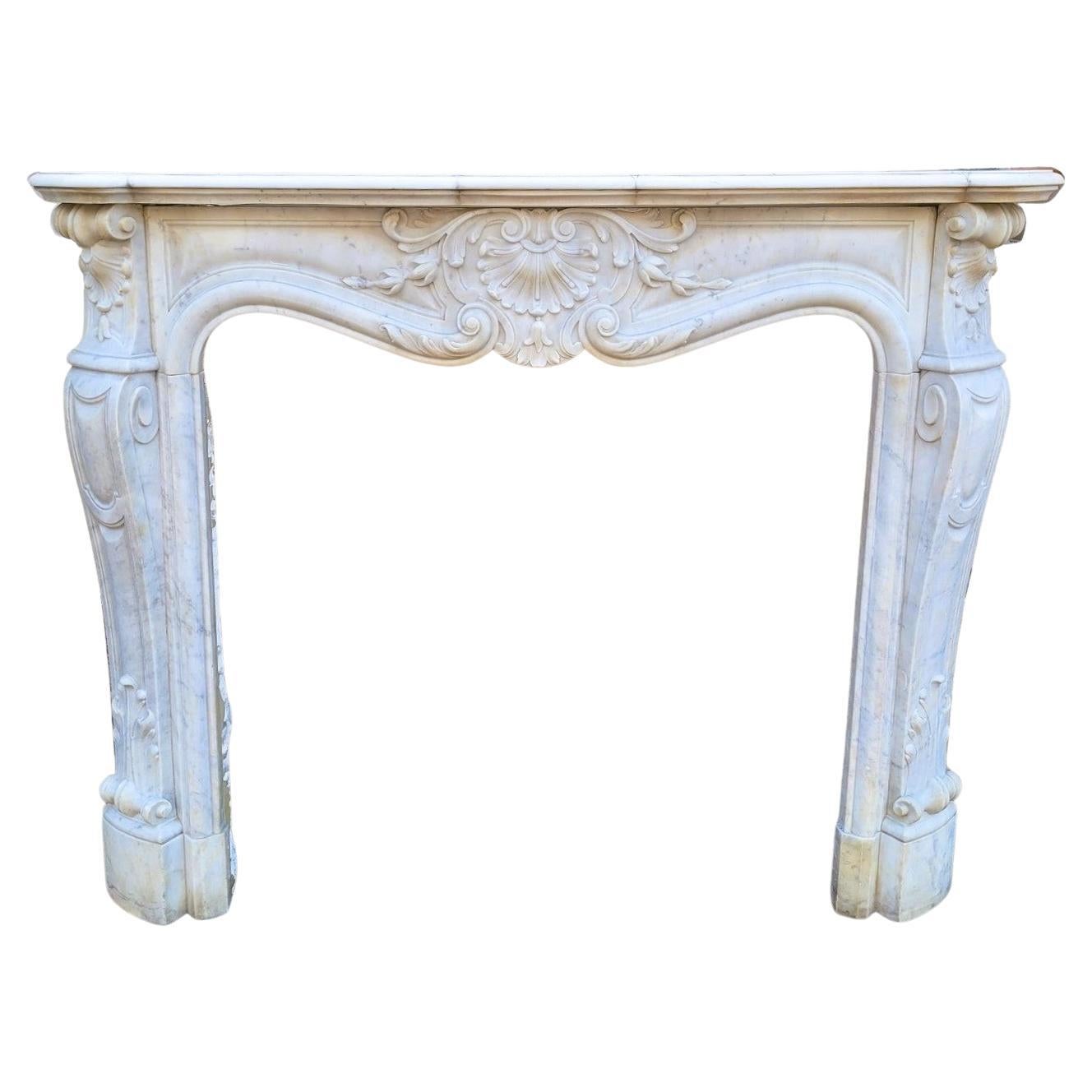 Louis XV Style White Marble Fireplace, 19th Century For Sale