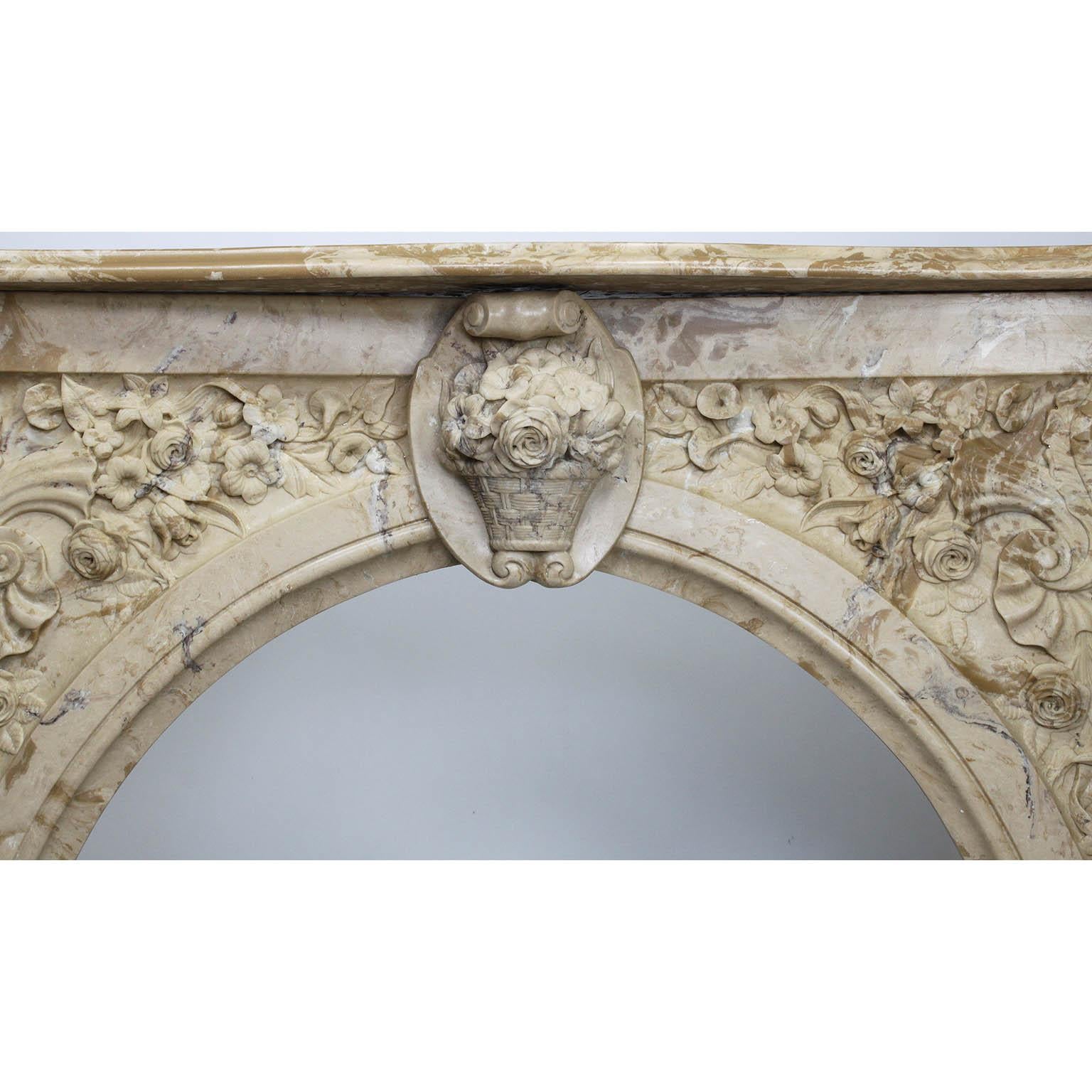 Louis XV Style White & Veined Beige-Brown Cultured Cast-Marble Fireplace Mantel In Fair Condition In Los Angeles, CA