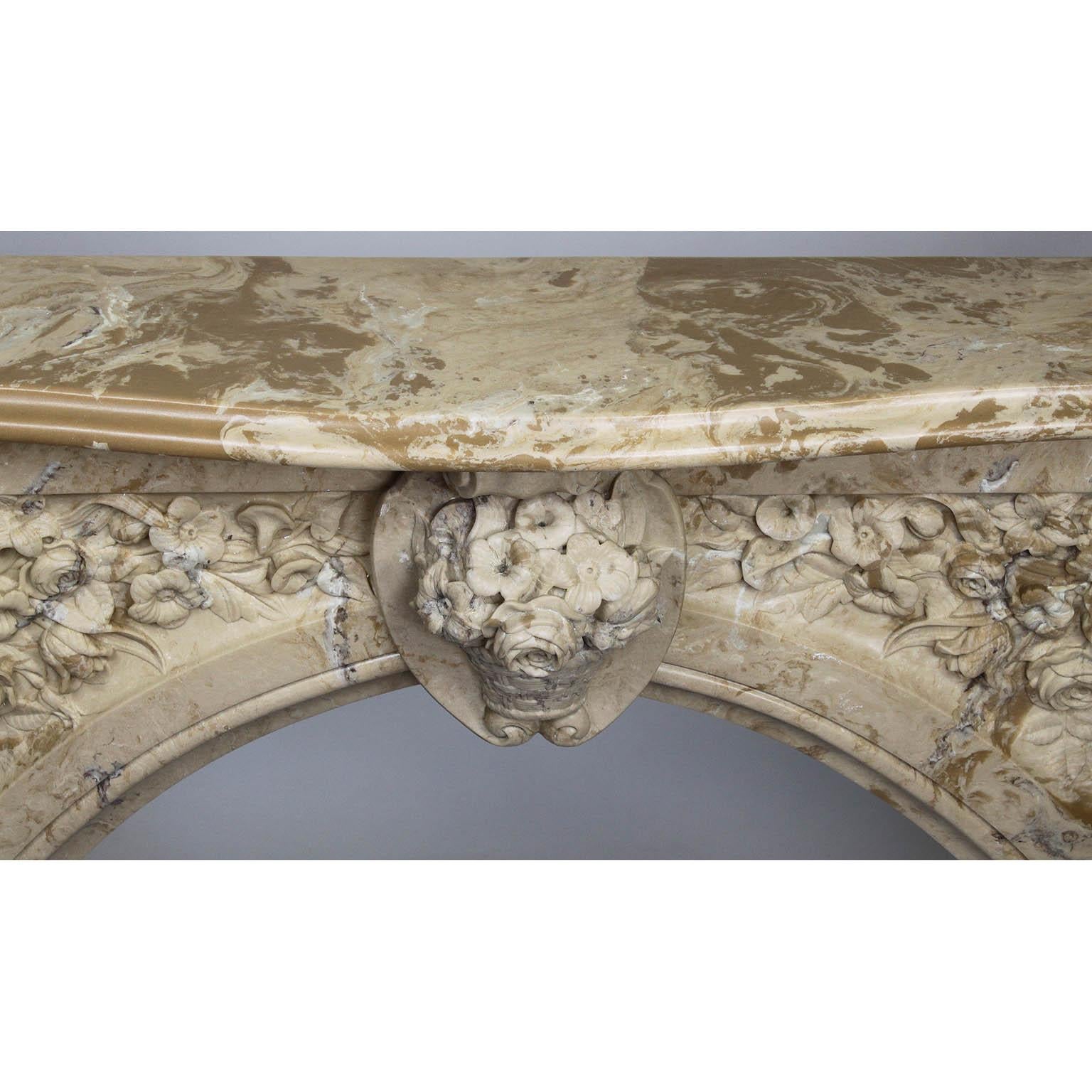 Louis XV Style White & Veined Beige-Brown Cultured Cast-Marble Fireplace Mantel In Good Condition In Los Angeles, CA