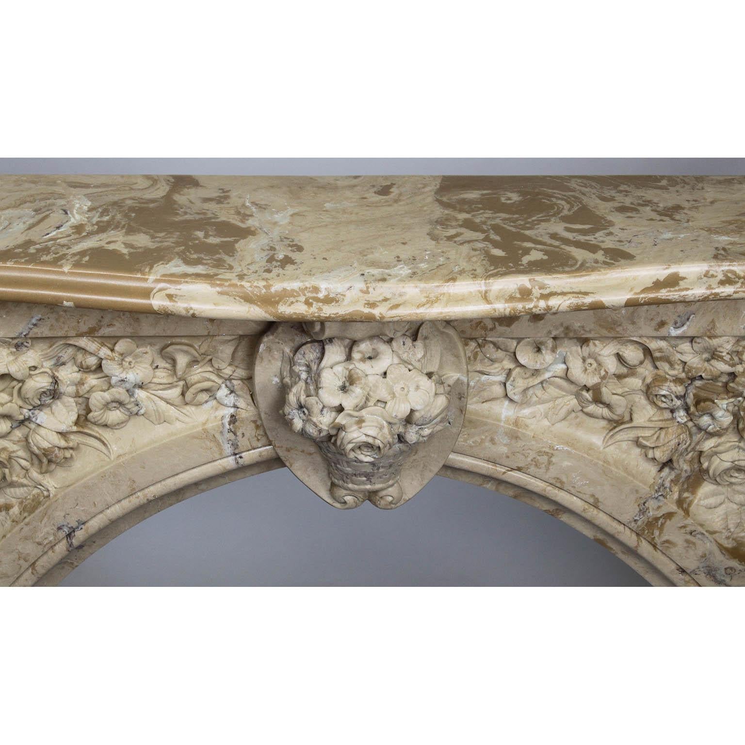 20th Century Louis XV Style White & Veined Beige-Brown Cultured Cast-Marble Fireplace Mantel