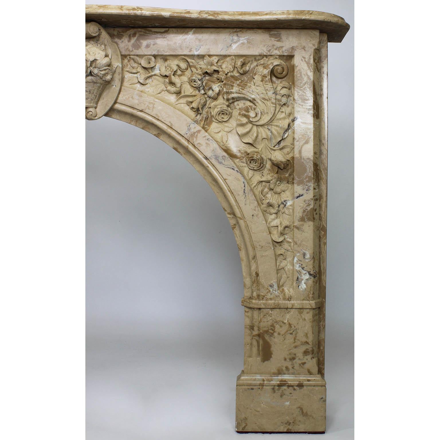 20th Century Louis XV Style White & Veined Beige-Brown Cultured Cast-Marble Fireplace Mantel