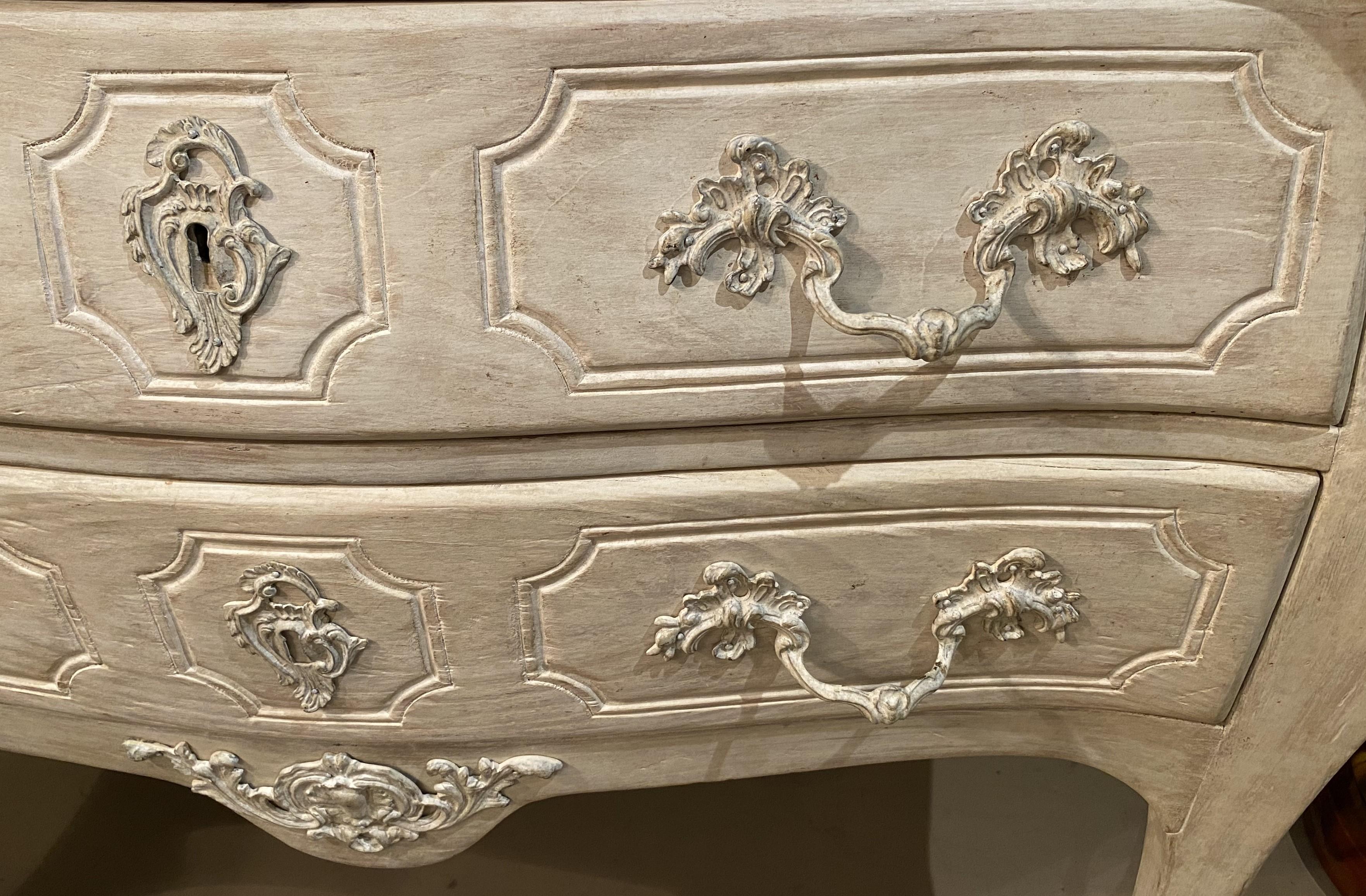 French Louis XV Style White Washed Commode with Levanto Marble Top