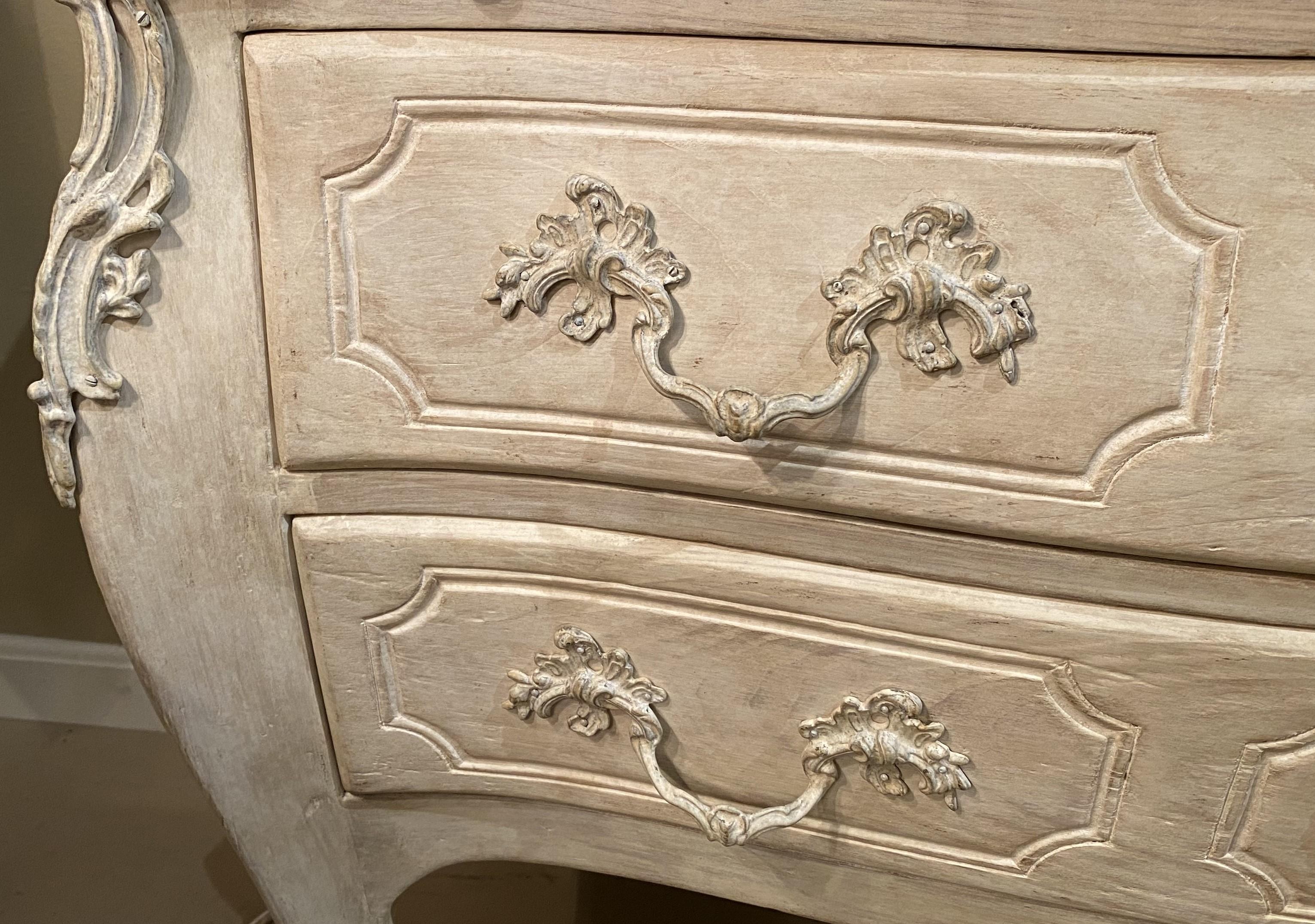 Hand-Carved Louis XV Style White Washed Commode with Levanto Marble Top