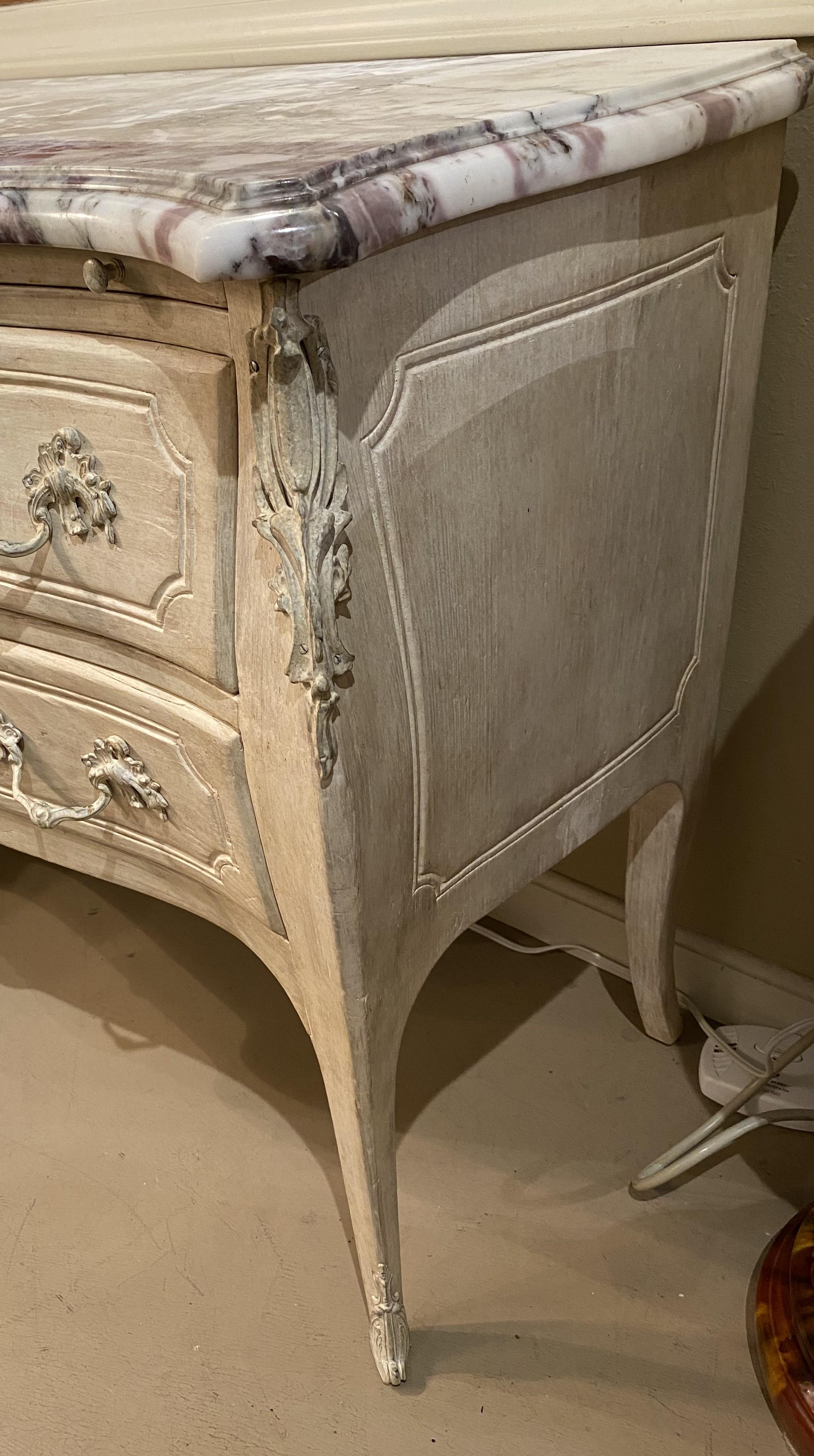 Louis XV Style White Washed Commode with Levanto Marble Top In Good Condition In Milford, NH