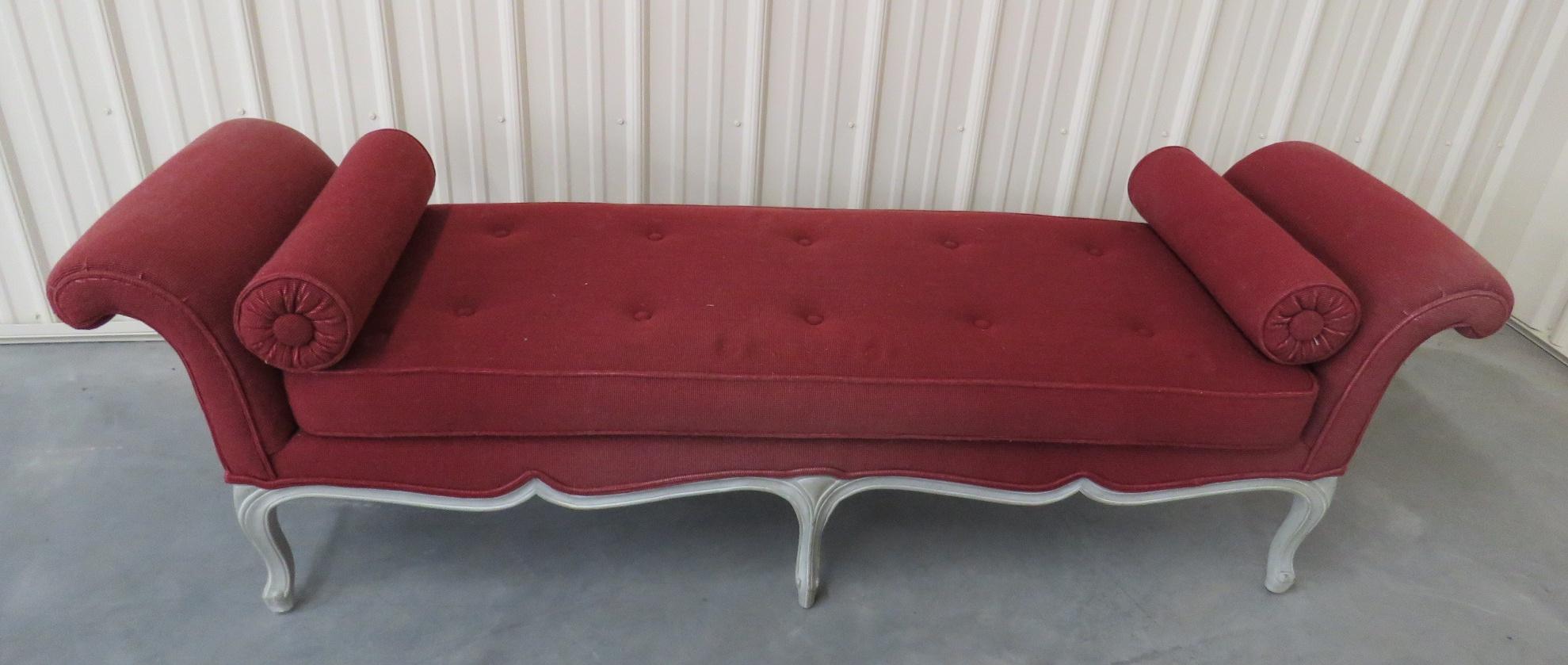 Louis XV style distressed painted window bench with 2 matching accent pillows. Perfect for use at the end of a large bed.