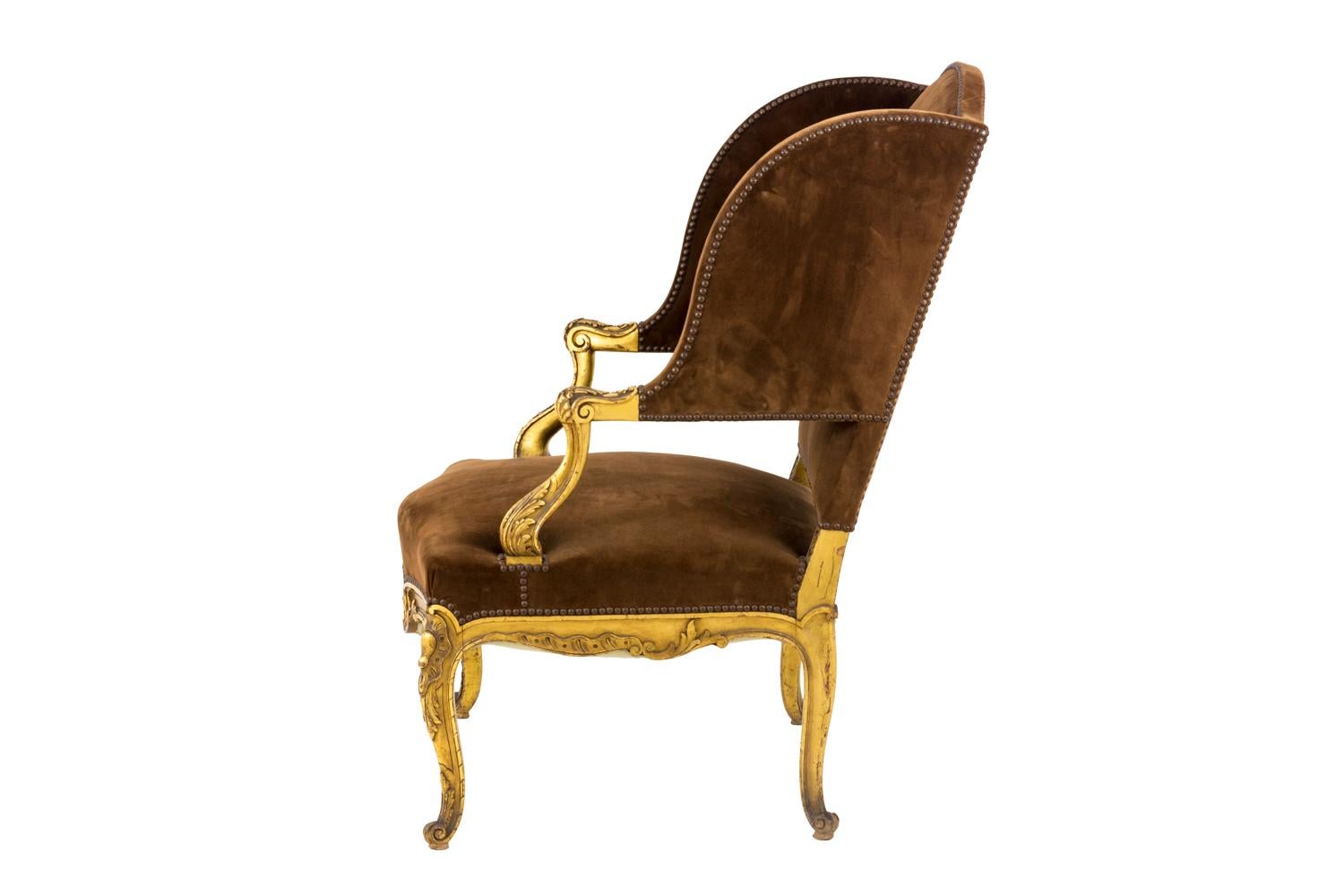 French Louis XV Style Wing Chair in Giltwood, 1950s