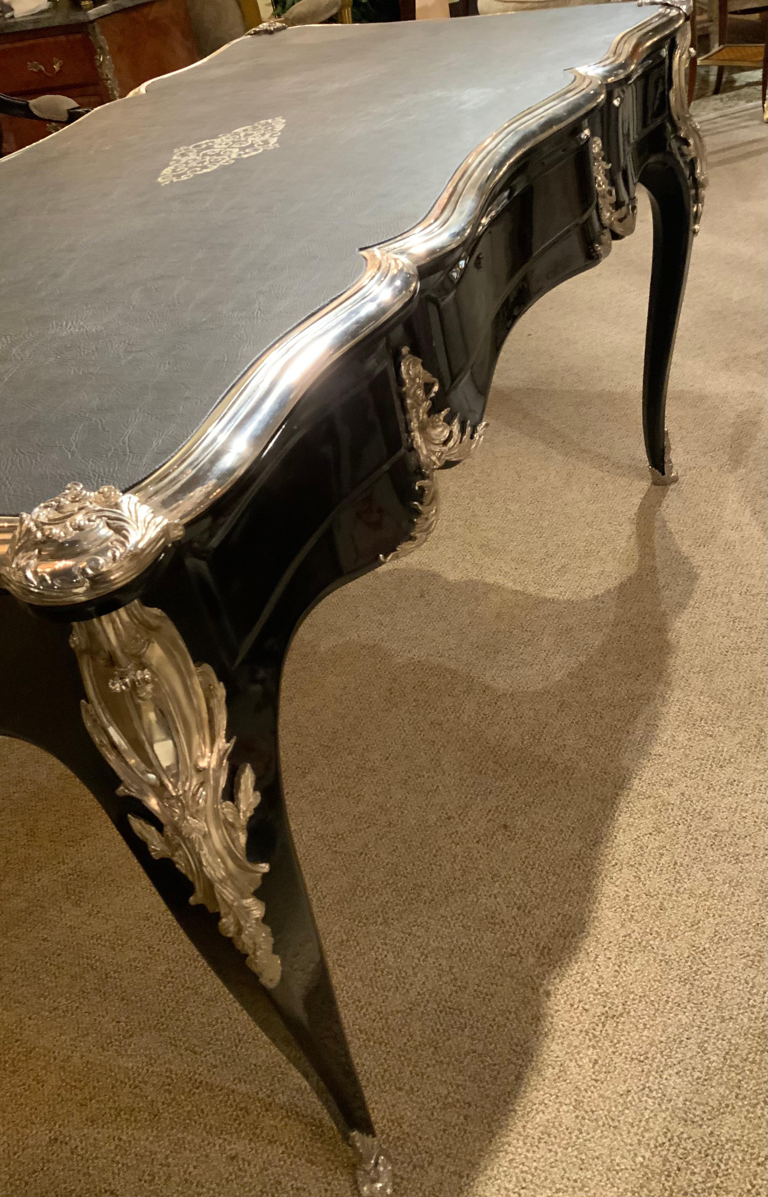 Bronze Louis XV Style writing desk /bureau plat black lacquered finish For Sale