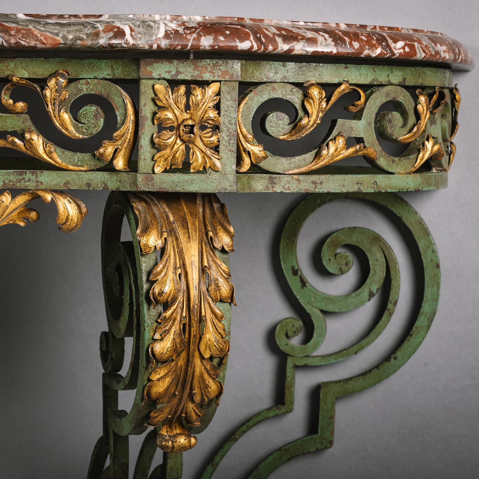 French Louis XV Style Wrought Iron and Gilt Console d'Applique with a Marble Top For Sale