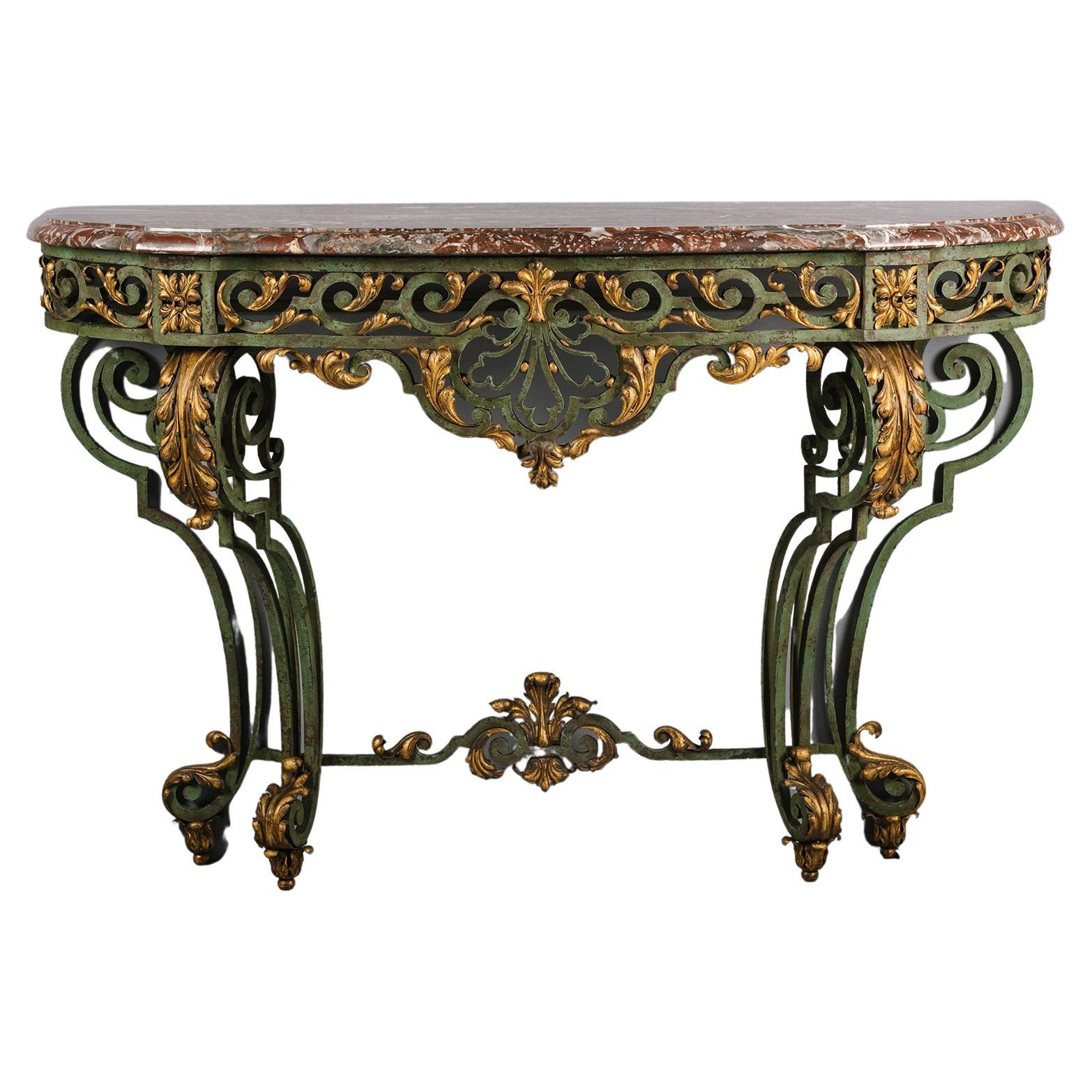 Louis XV Style Wrought Iron and Gilt Console d'Applique with a Marble Top For Sale