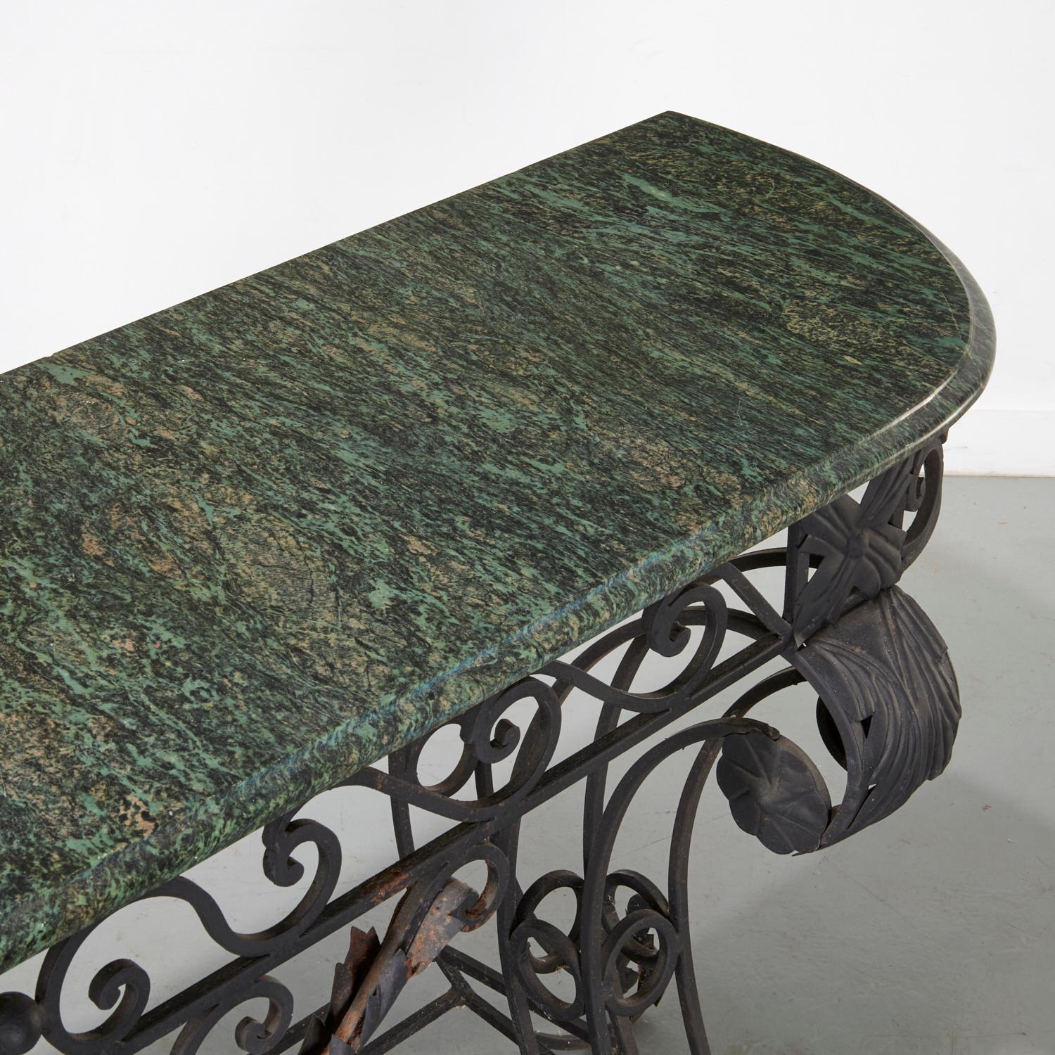 French Louis XV Style Wrought Iron and Green Marble Console Table - Style of E. Brandt For Sale