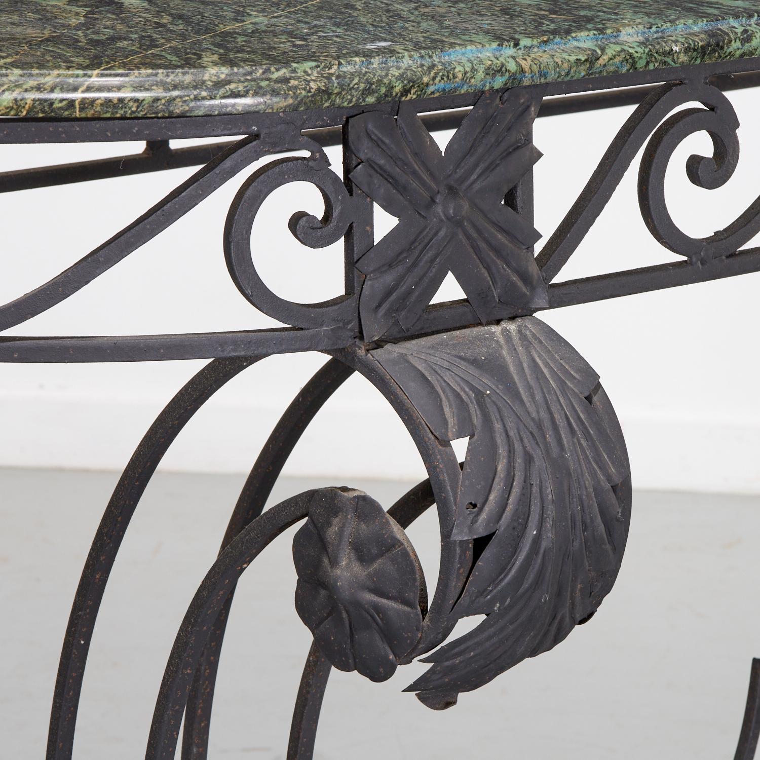 Hand-Crafted Louis XV Style Wrought Iron and Green Marble Console Table - Style of E. Brandt For Sale