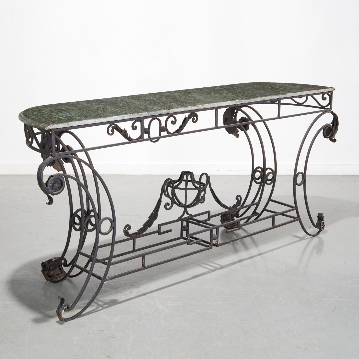 Early 20th Century Louis XV Style Wrought Iron and Green Marble Console Table - Style of E. Brandt For Sale