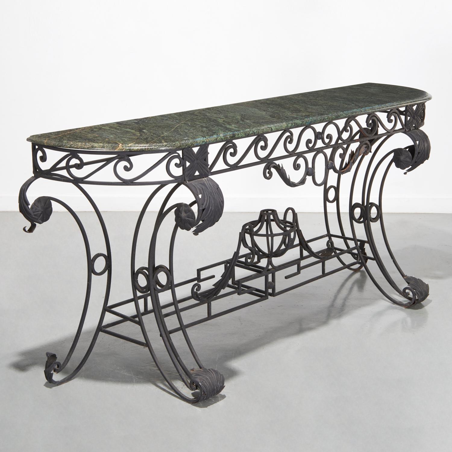 Louis XV Style Wrought Iron and Green Marble Console Table - Style of E. Brandt For Sale 2