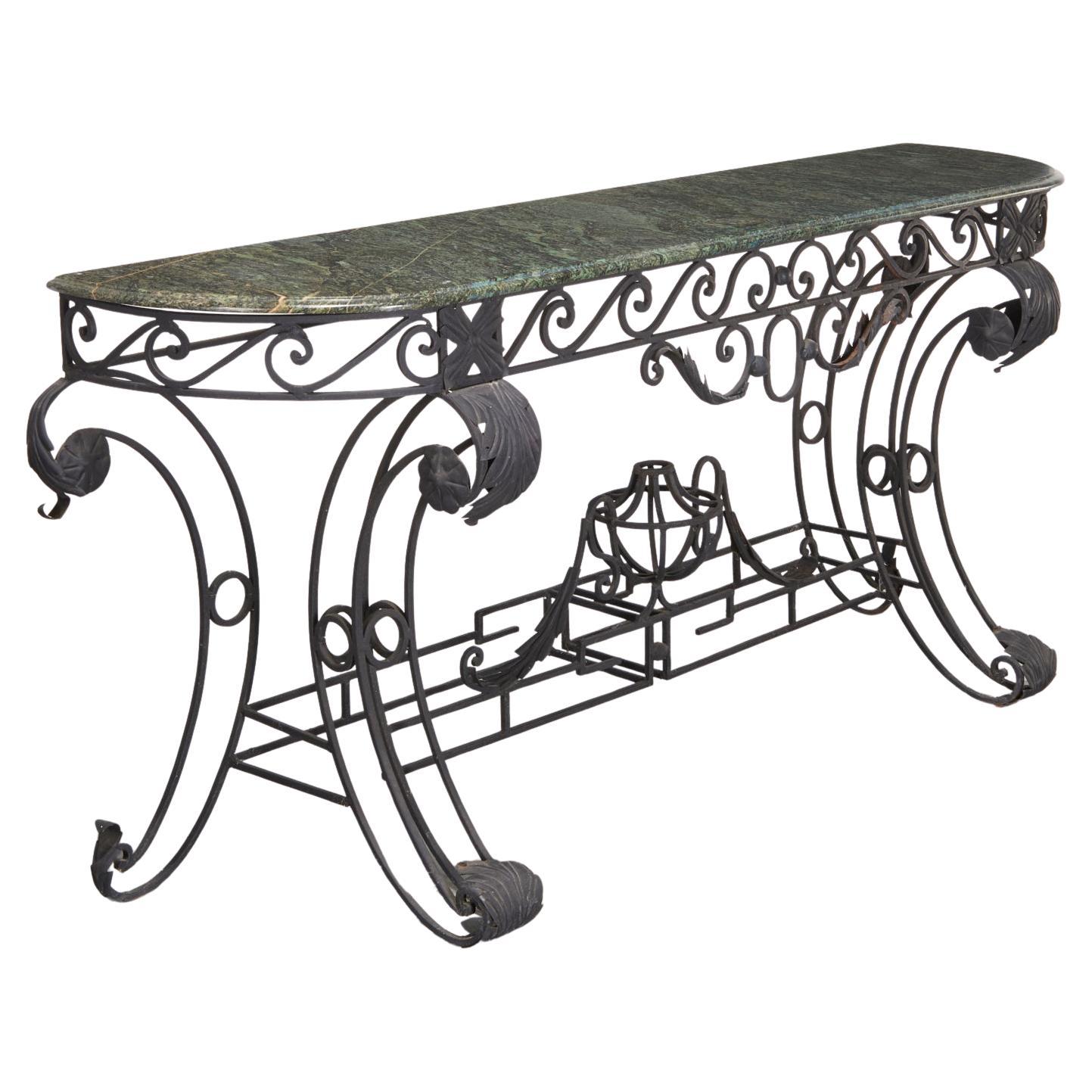 Louis XV Style Wrought Iron and Green Marble Console Table - Style of E. Brandt For Sale