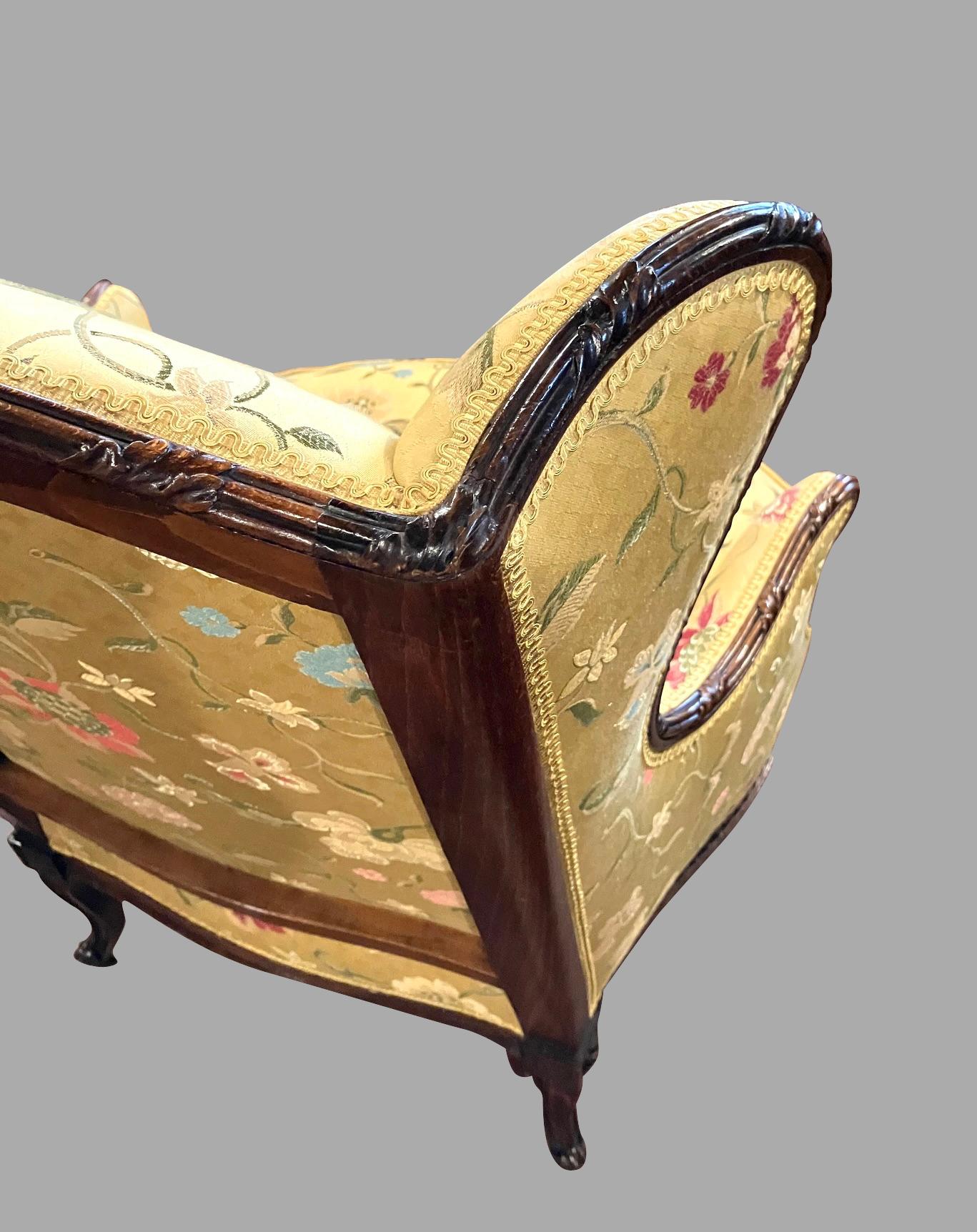 Louis XV Style Yellow Silk Upholstered Lounge Chair with Carved Hardwood Frame 7