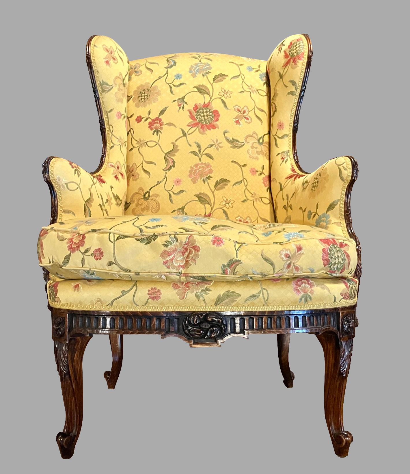 Louis XV Style Yellow Silk Upholstered Lounge Chair with Carved Hardwood Frame 10