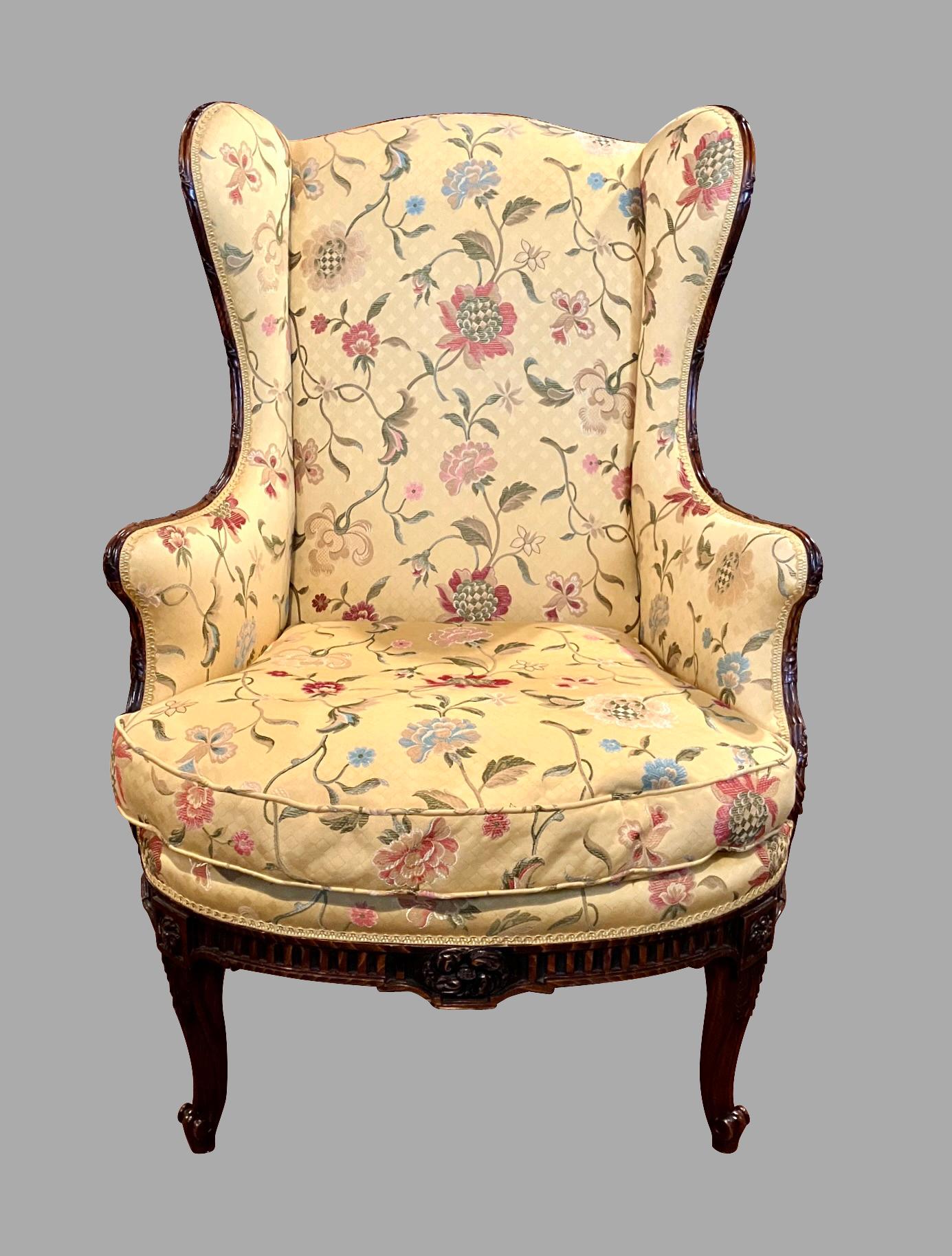 French Louis XV Style Yellow Silk Upholstered Lounge Chair with Carved Hardwood Frame