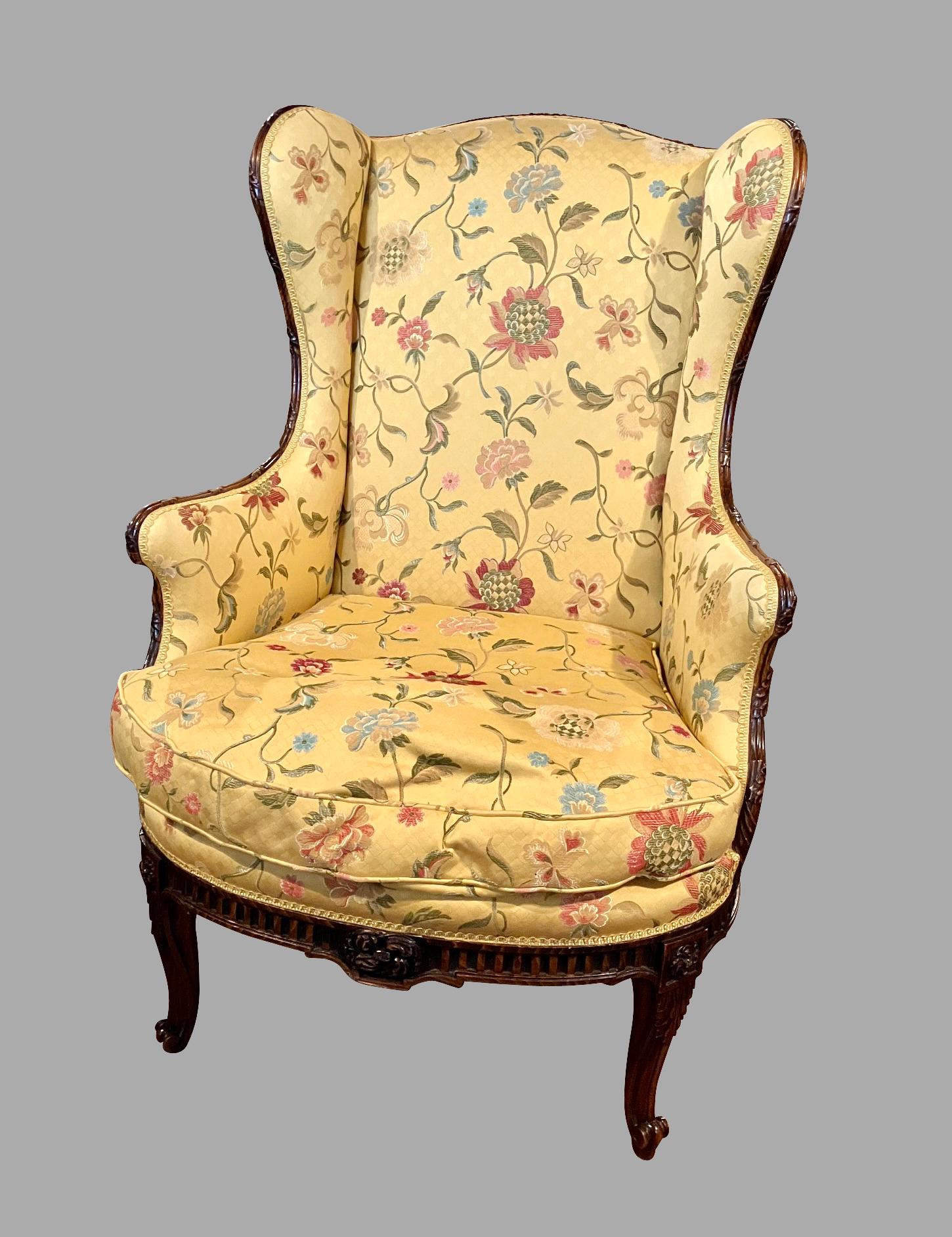 20th Century Louis XV Style Yellow Silk Upholstered Lounge Chair with Carved Hardwood Frame