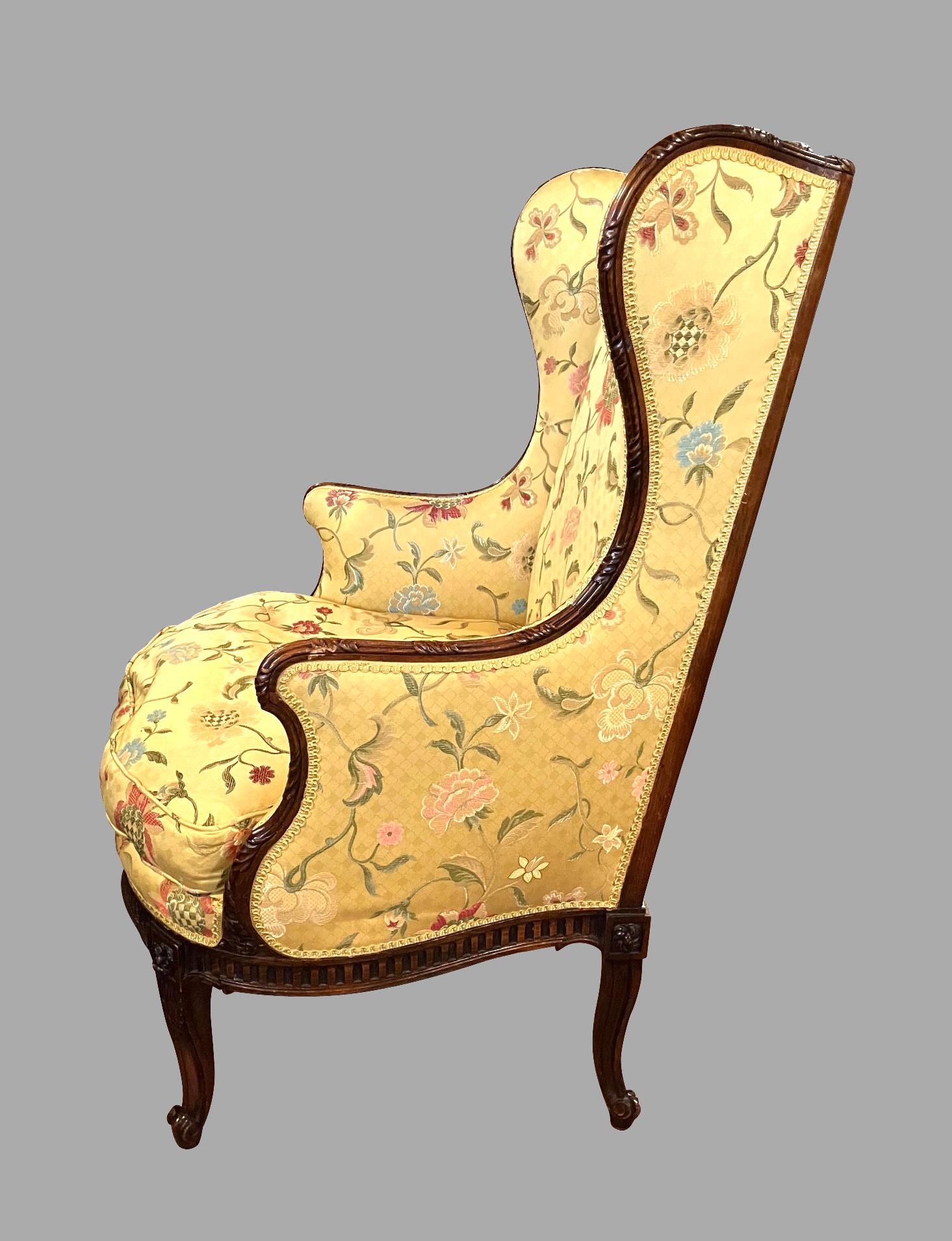Louis XV Style Yellow Silk Upholstered Lounge Chair with Carved Hardwood Frame 2