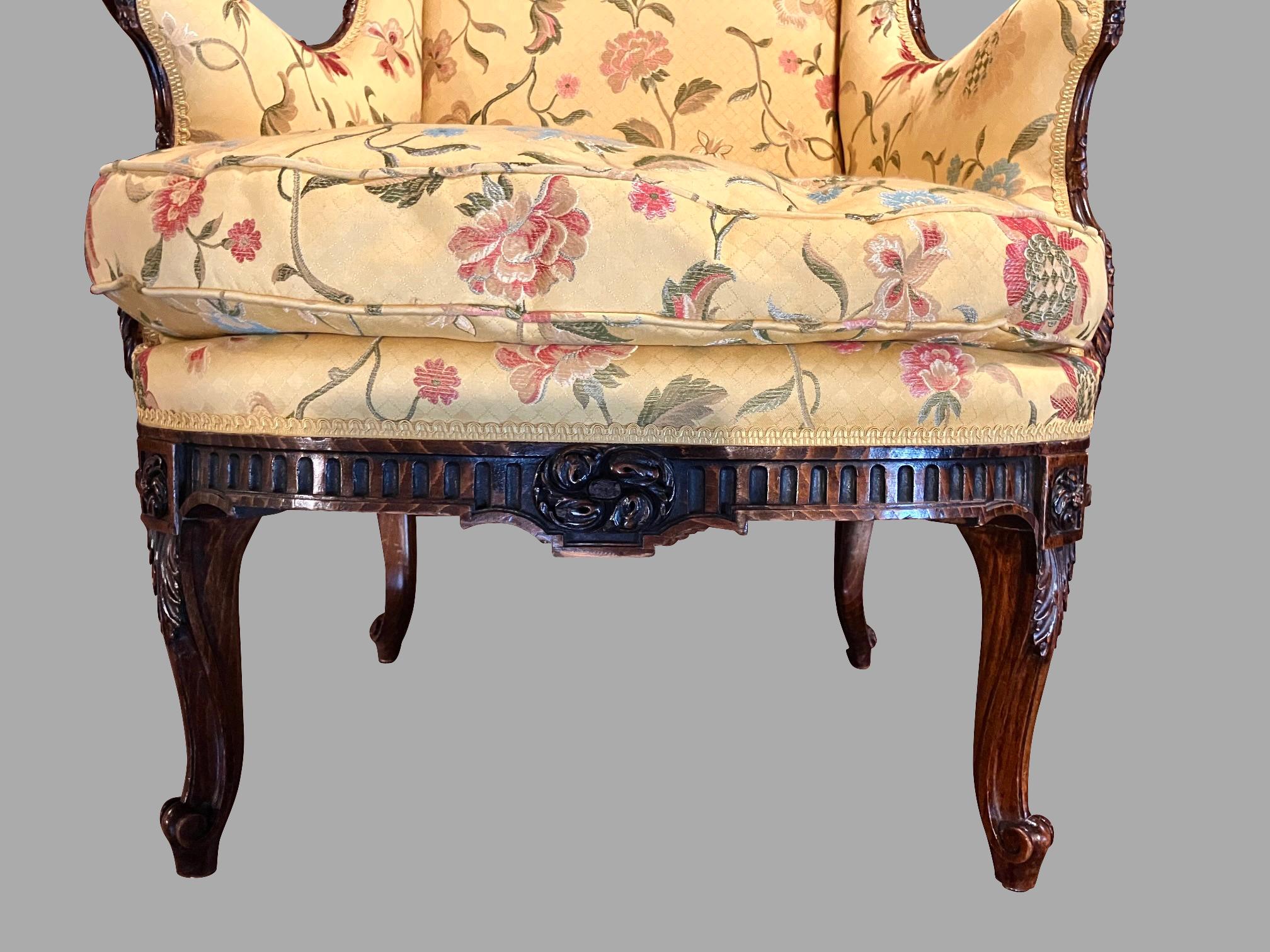 Louis XV Style Yellow Silk Upholstered Lounge Chair with Carved Hardwood Frame 3