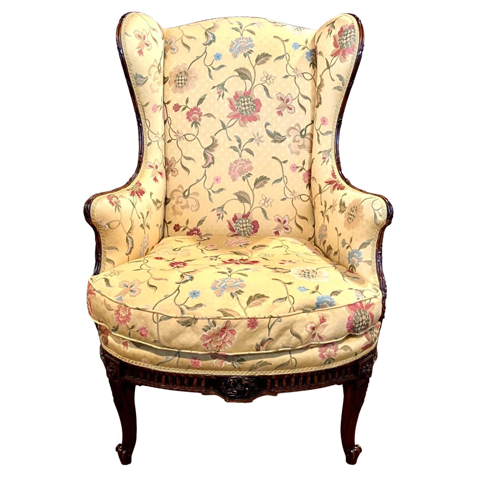 Louis XV Style Yellow Silk Upholstered Lounge Chair with Carved Hardwood Frame