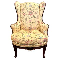 Antique Louis XV Style Yellow Silk Upholstered Lounge Chair with Carved Hardwood Frame
