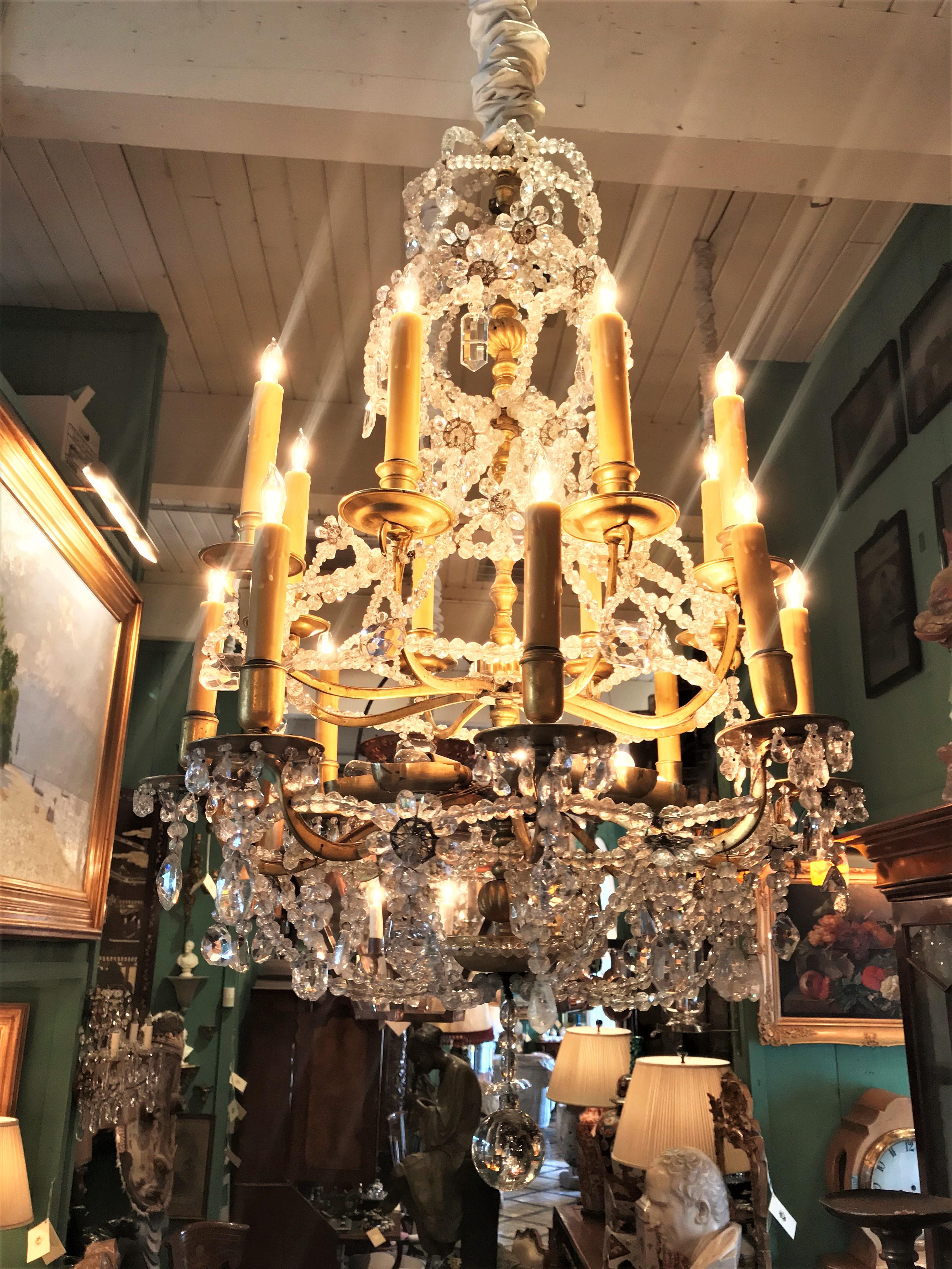 18th C. Ormolu Rock Crystal 16-Light Chandelier hanging ceiling light pendant LA .A sensational and rare French mid-18th century Louis XV transition Louis XVI period handcrafted Rock crystal and Glass ormolu with an exceptional 16-light chandelier.