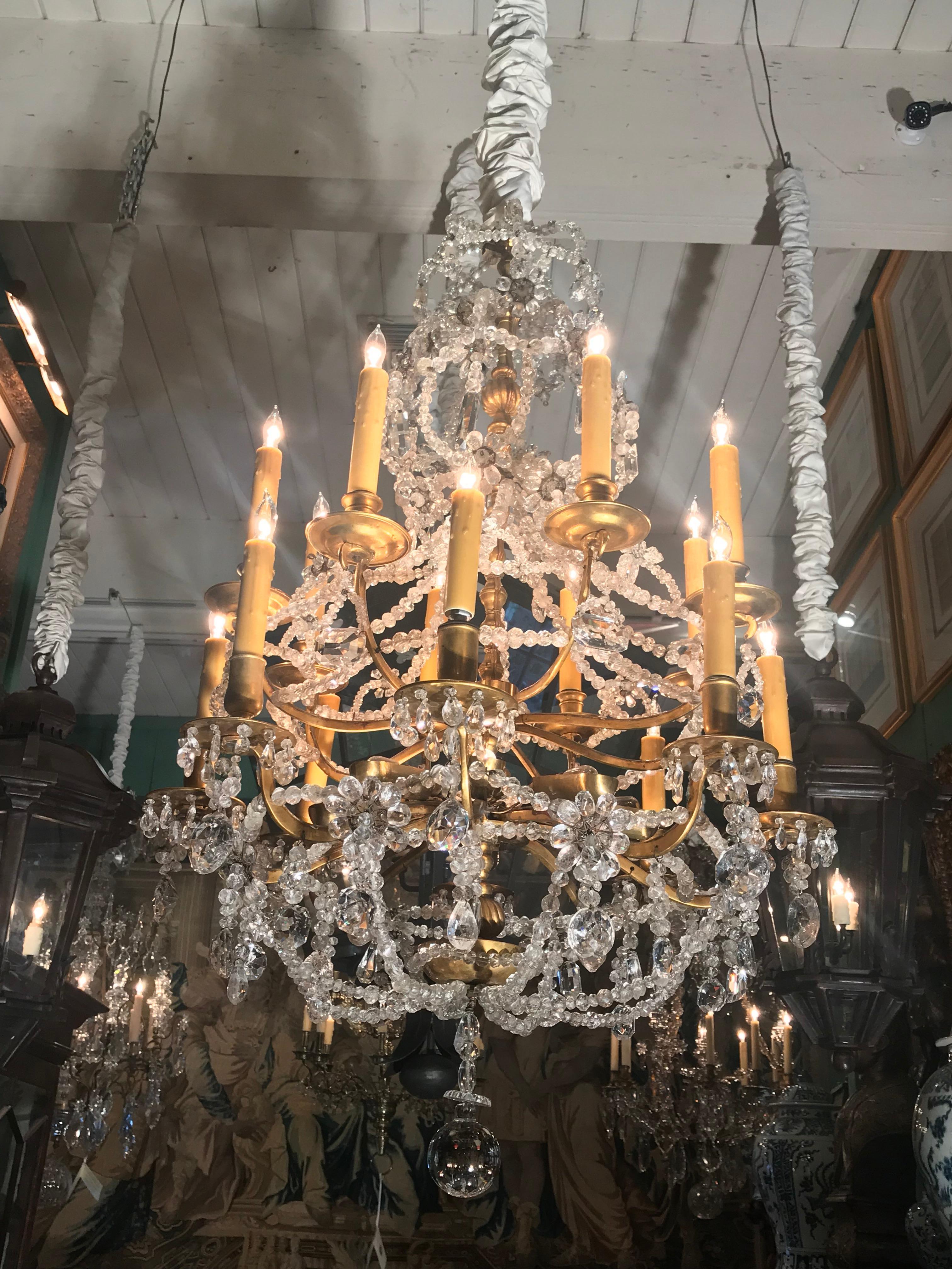 18th Century and Earlier 18th C. Ormolu Rock Crystal 16-Light Chandelier Hanging Ceiling Light Pendant LA For Sale