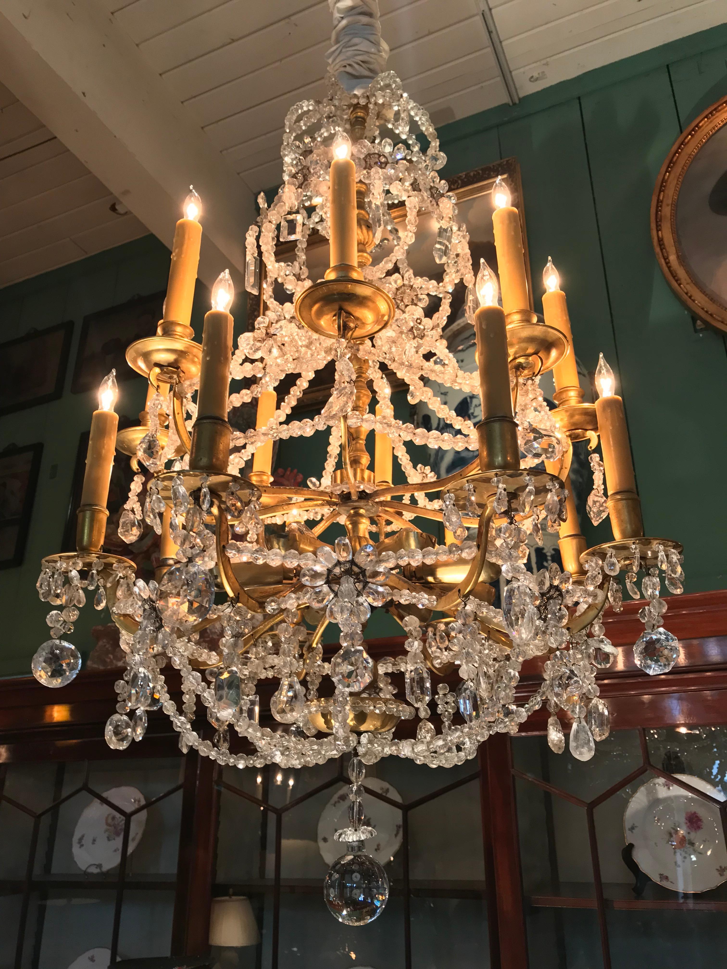 Metal 18th C. Ormolu Rock Crystal 16-Light Chandelier Hanging Ceiling Light Pendant LA For Sale