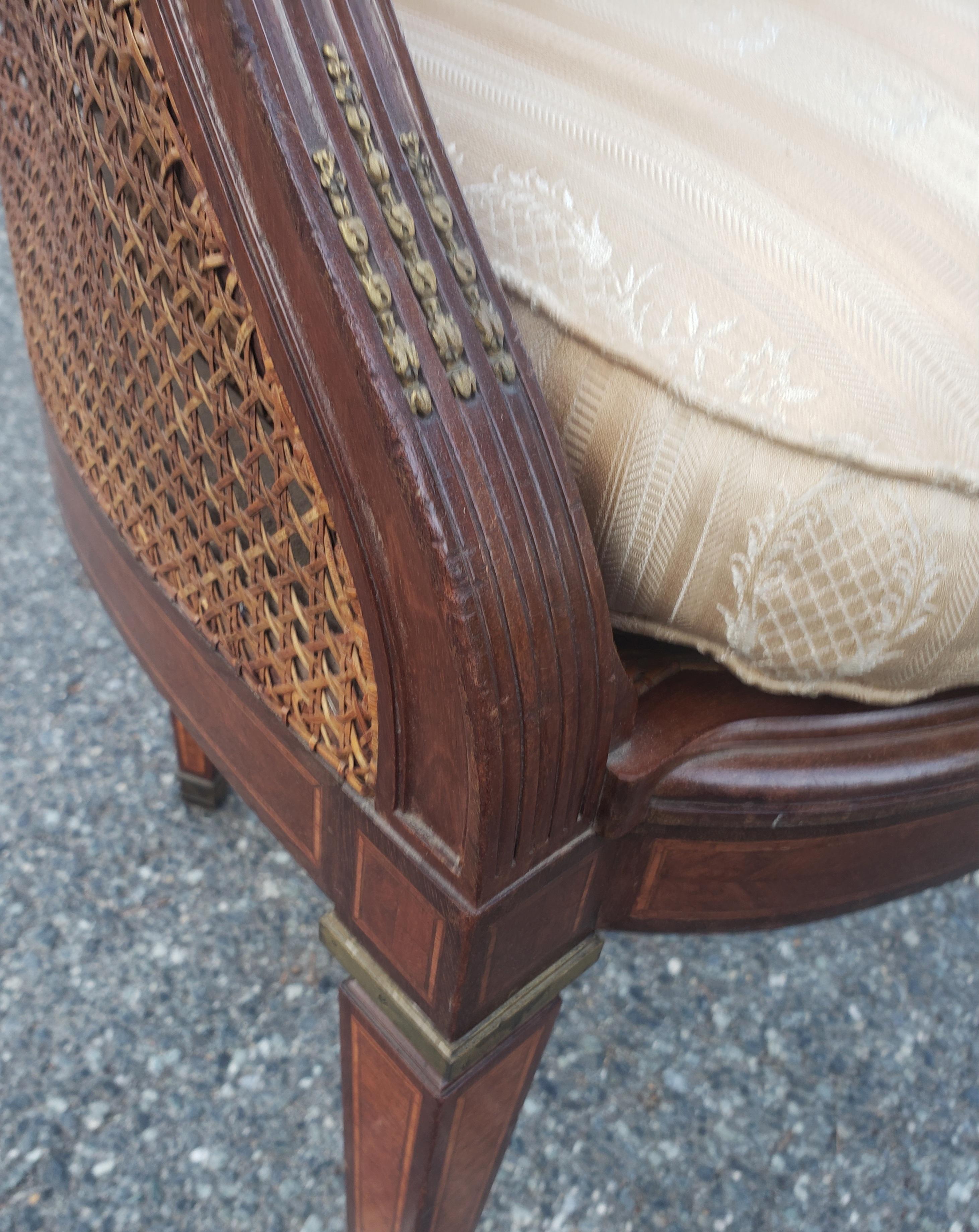 Louis XV Transitional Mahogany and Kingwood Marquetry Burl and Cane Barrel Chair For Sale 5
