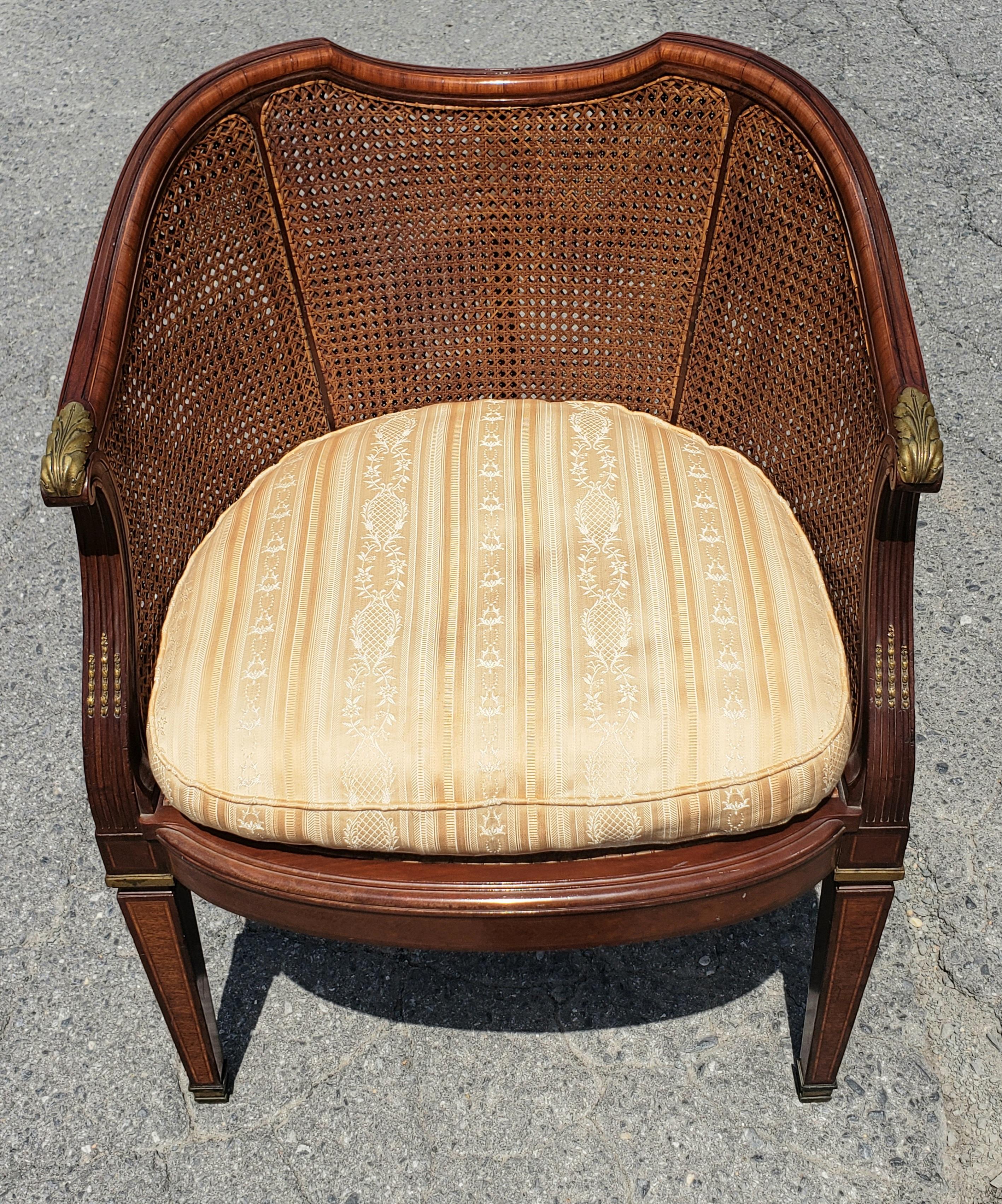 French Louis XV Transitional Mahogany and Kingwood Marquetry Burl and Cane Barrel Chair For Sale