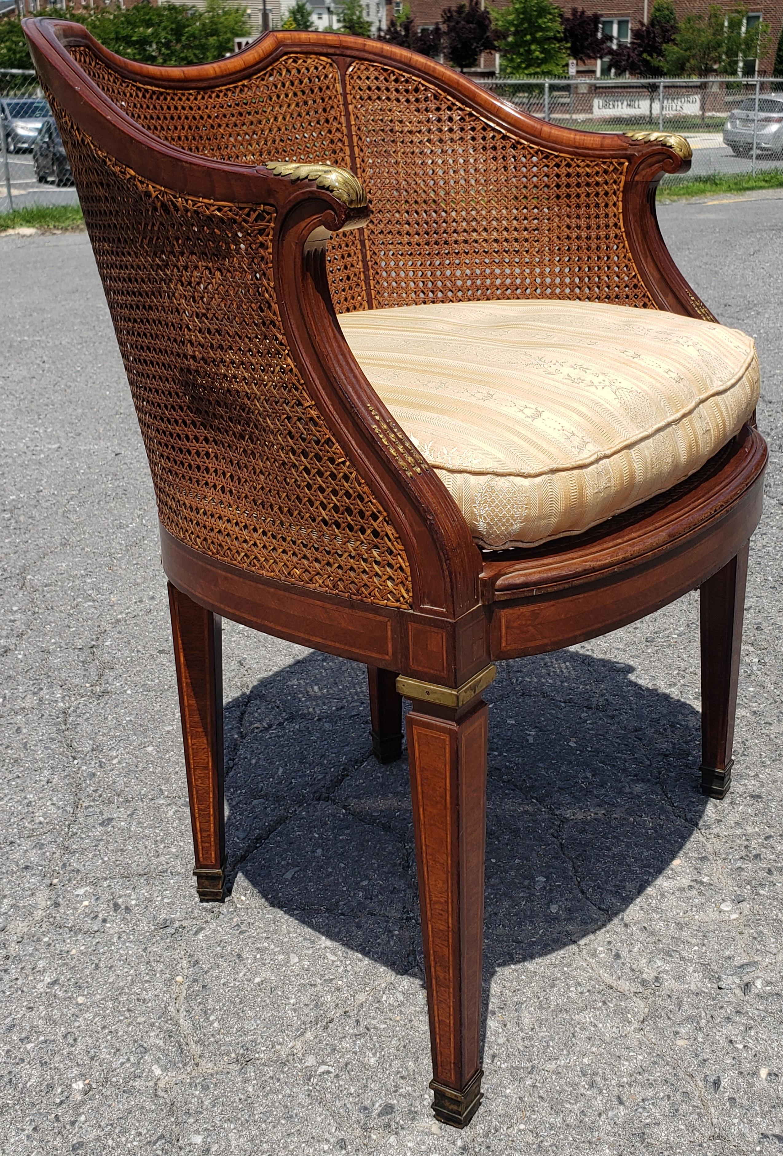 Caning Louis XV Transitional Mahogany and Kingwood Marquetry Burl and Cane Barrel Chair