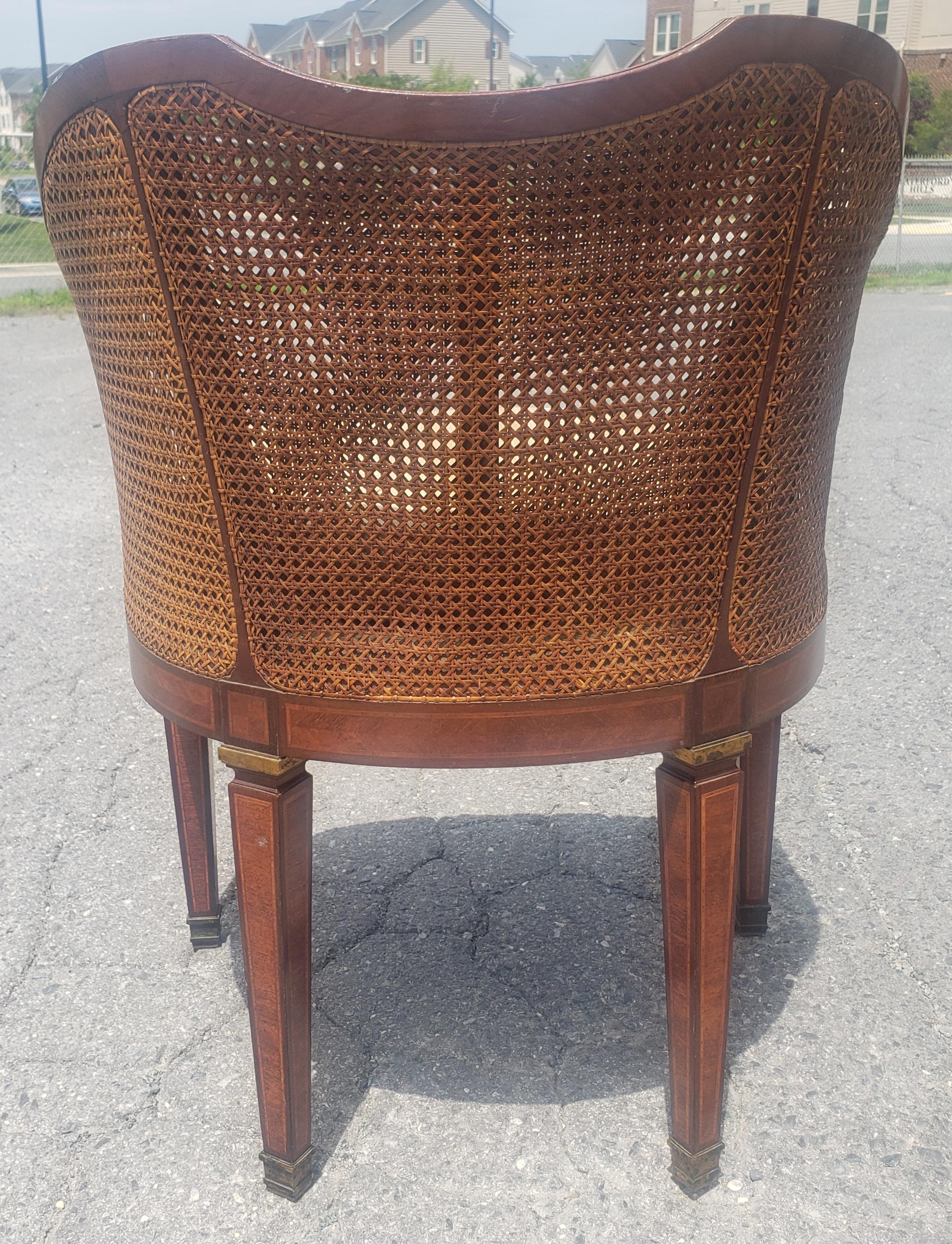 19th Century Louis XV Transitional Mahogany and Kingwood Marquetry Burl and Cane Barrel Chair For Sale