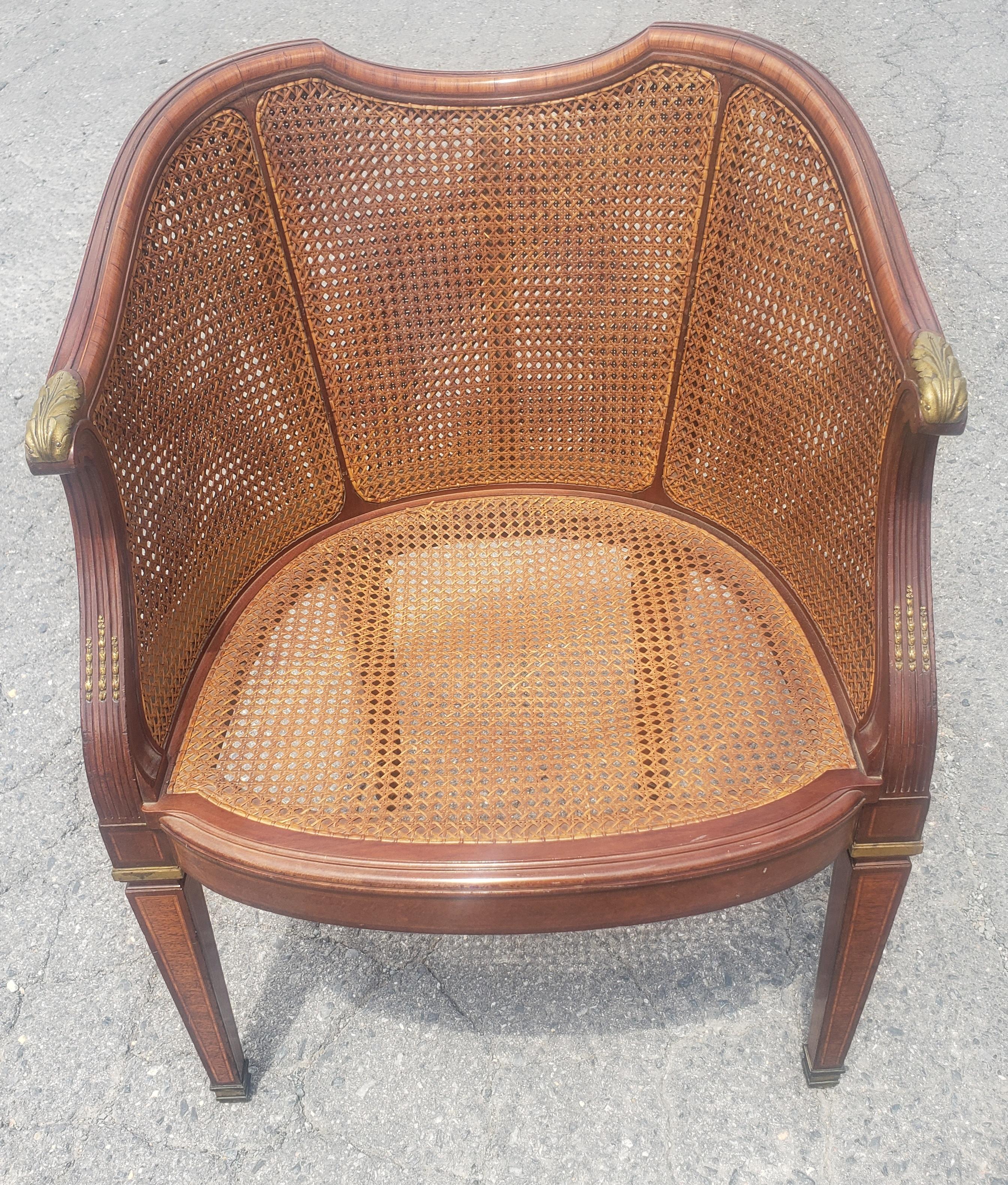Louis XV Transitional Mahogany and Kingwood Marquetry Burl and Cane Barrel Chair For Sale 1