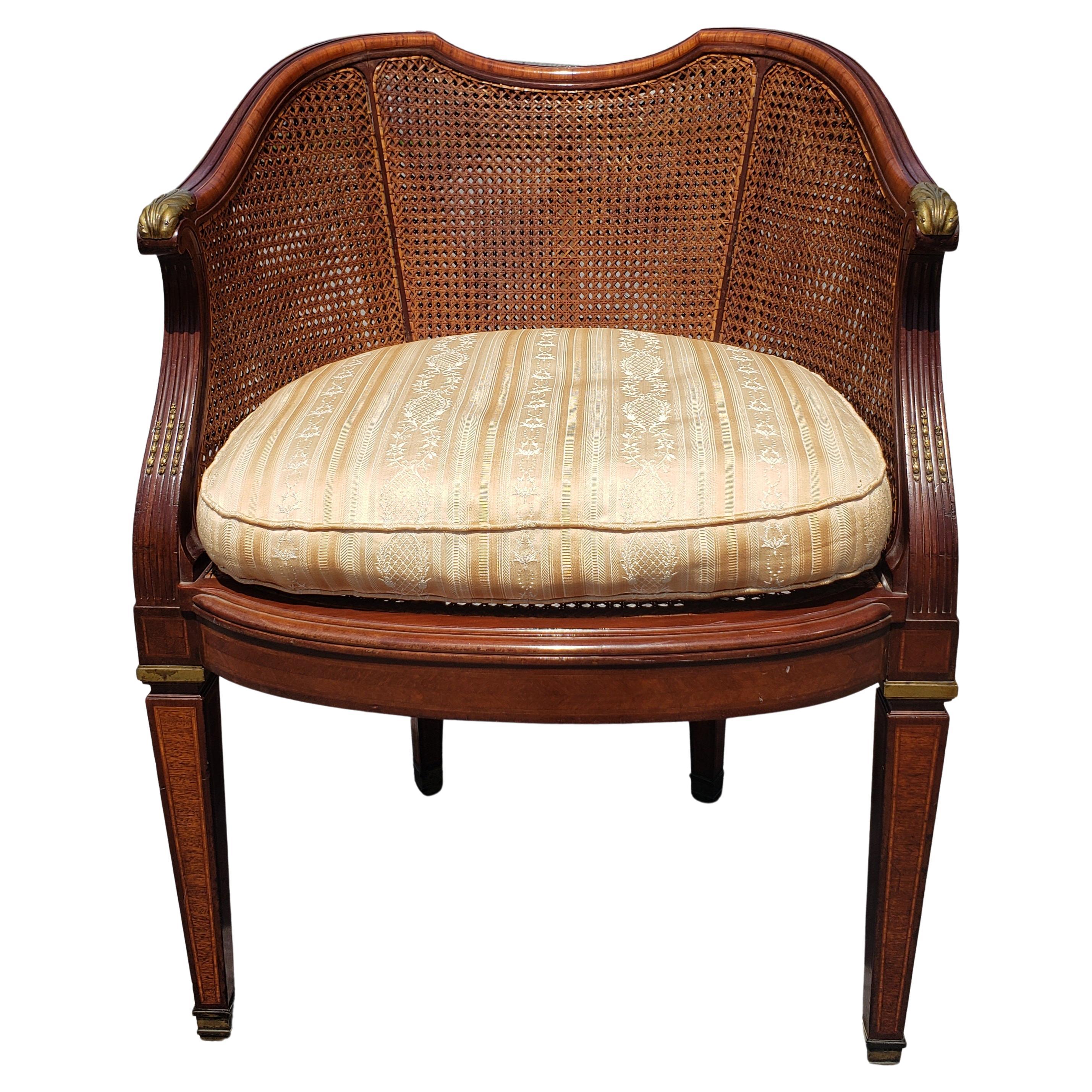 Louis XV Transitional Mahogany and Kingwood Marquetry Burl and Cane Barrel Chair For Sale