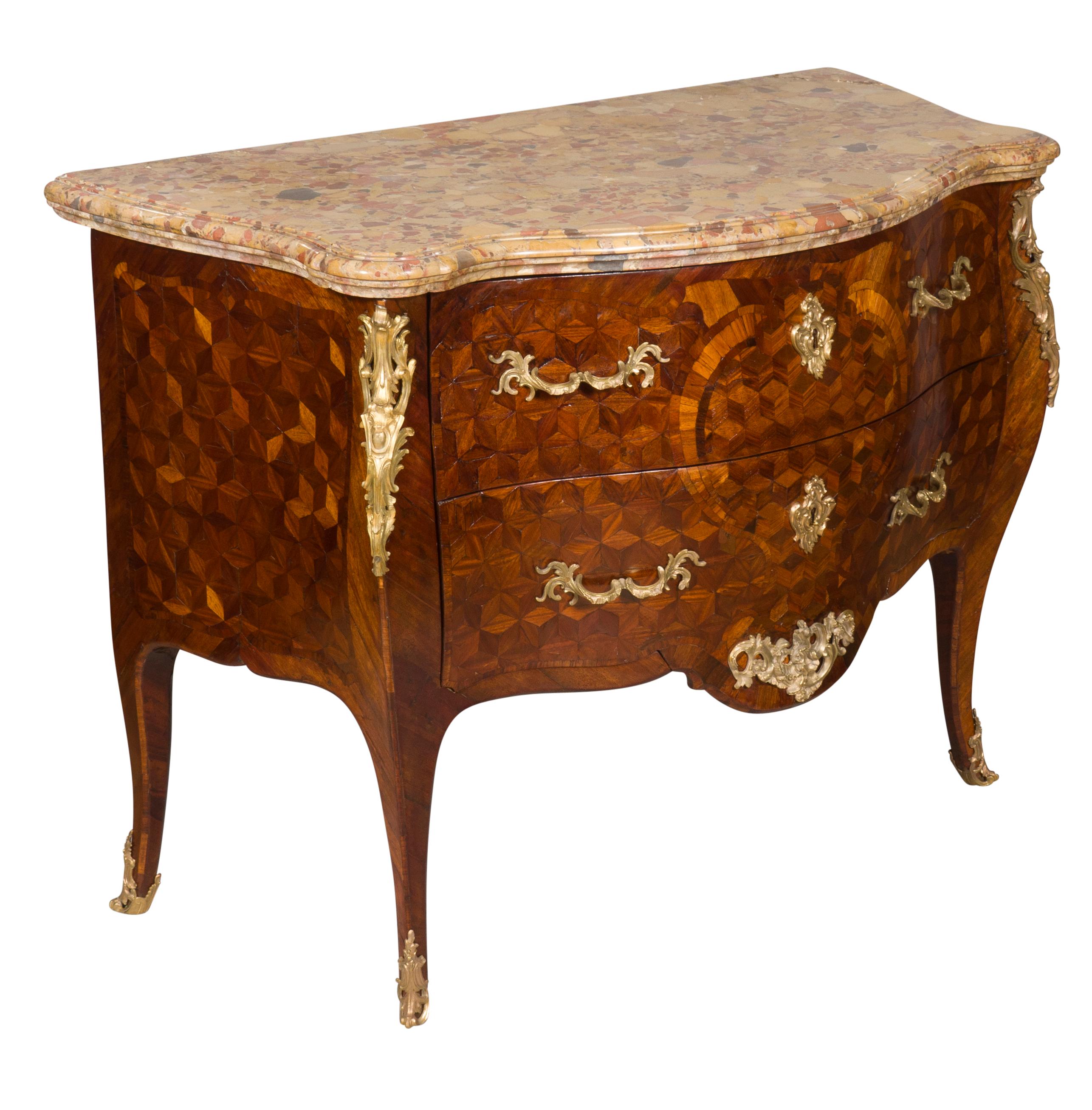 French Louis XV Tulipwood and Parquetry Commode For Sale
