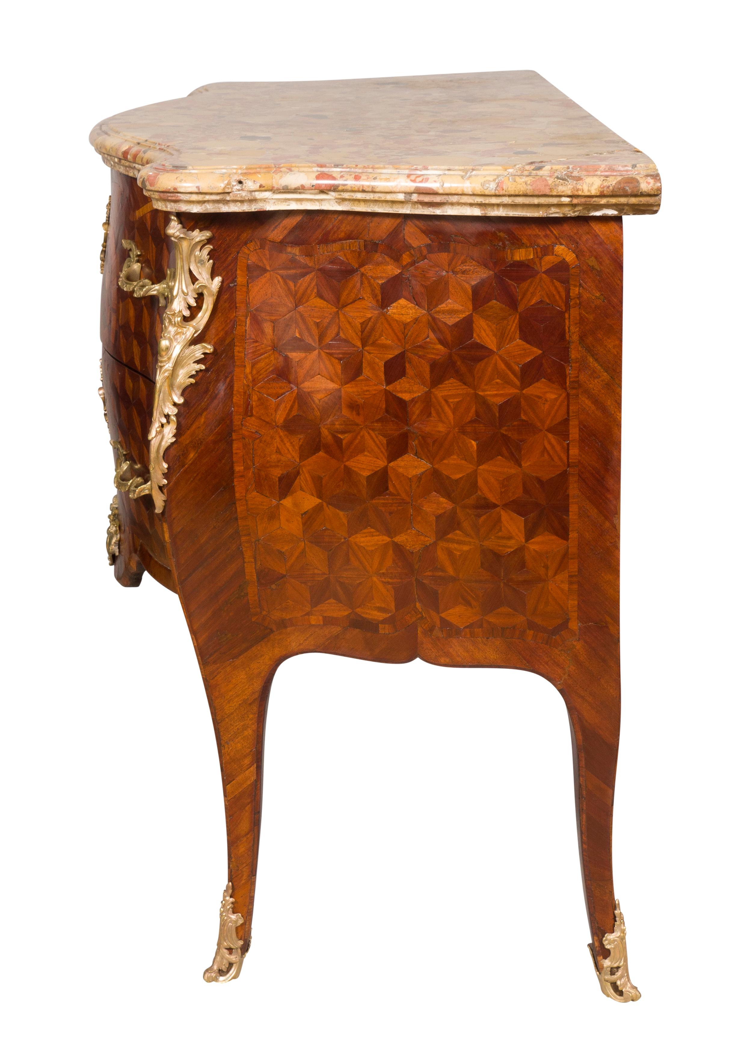 Breccia Marble Louis XV Tulipwood and Parquetry Commode For Sale