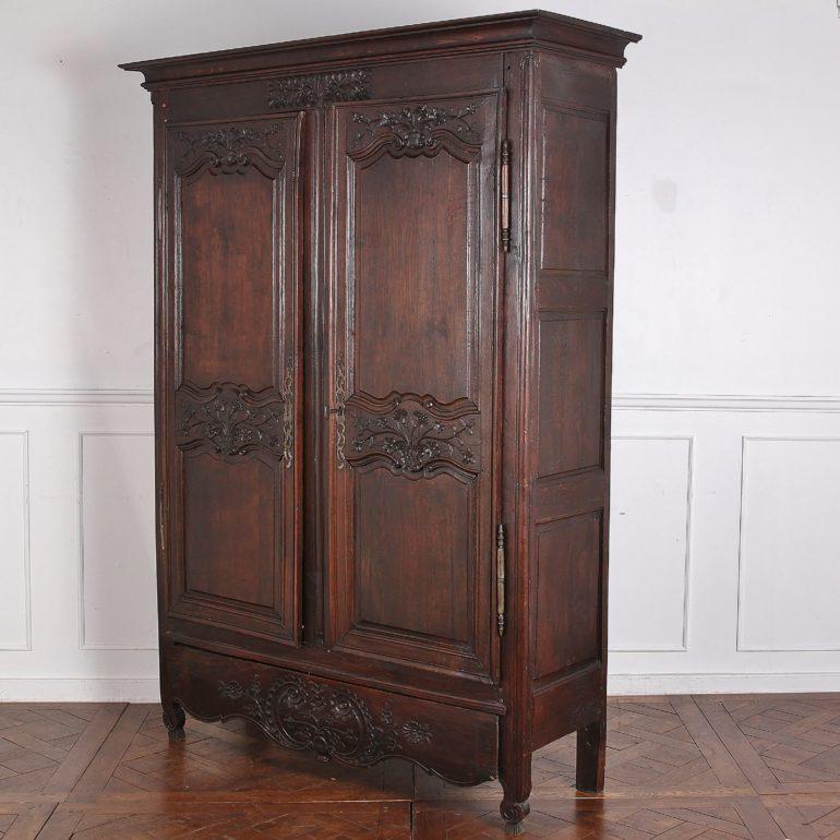 Hand-Carved Louis XV Two-Door Carved Oak Armoire