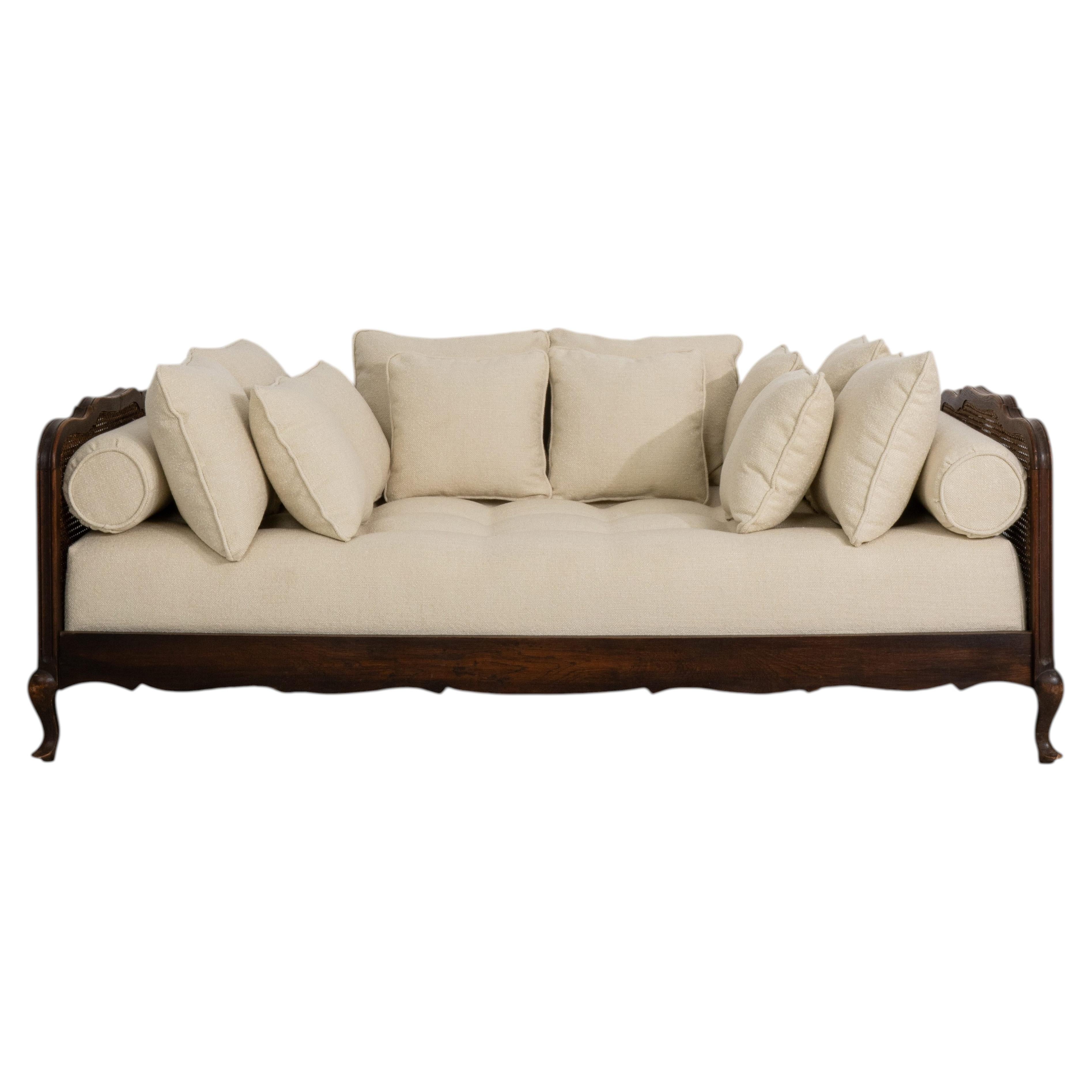 Louis XV Upholstered Daybed With Rattan Side Panels and Cushions